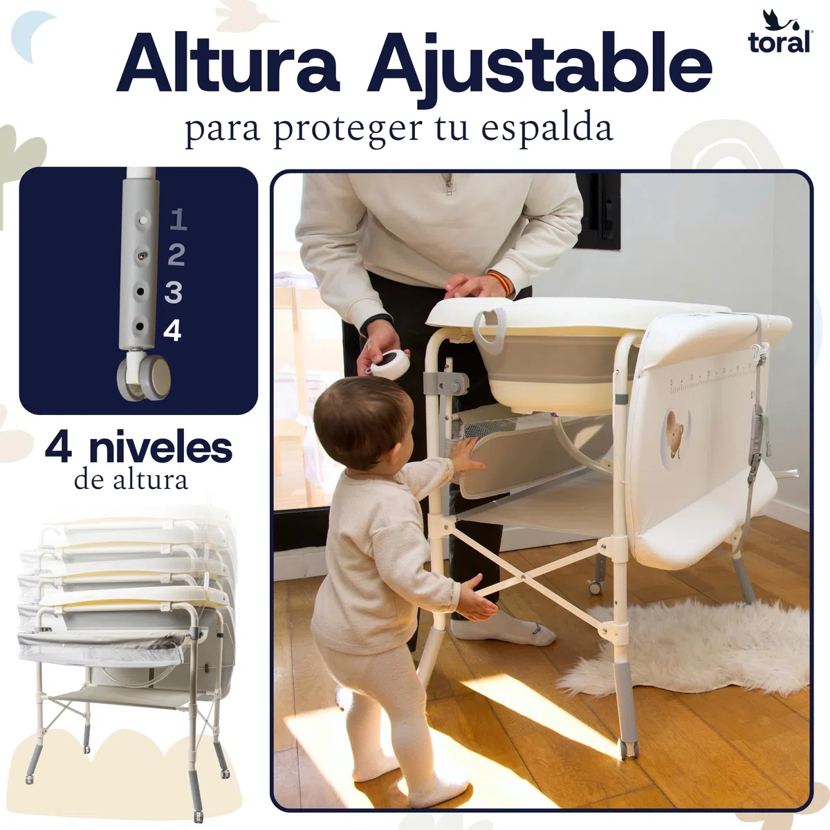 toral Bañera bebe plegable con cambiador y patas regulables - Bañera cambiador bebe plegable con termómetro, ruedas con freno y almacenamiento - Ideal para recién nacidos y bebés hasta 36 meses