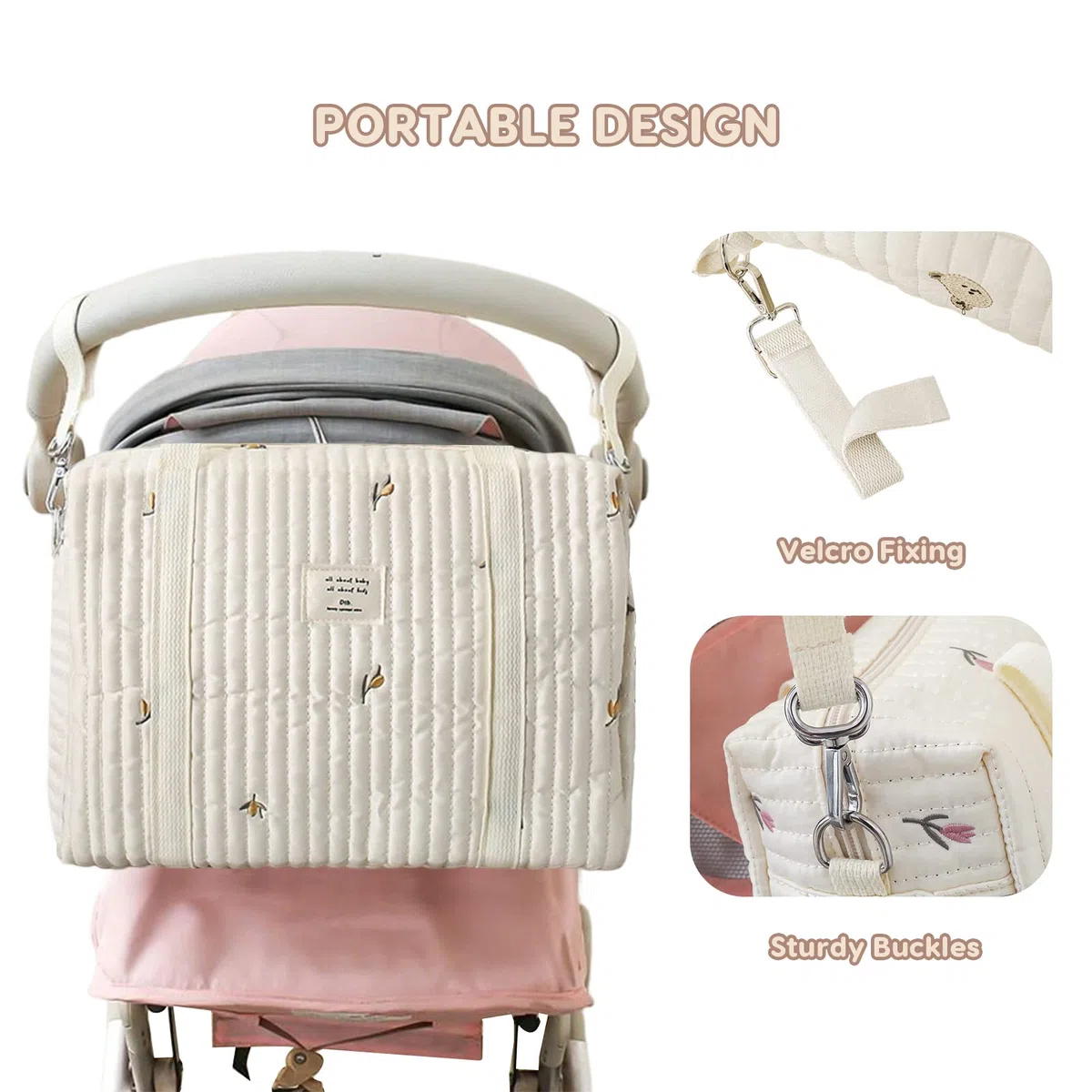 SONARIN Bordada Bolsa de Pañales para Bebés,Elegante Gran Capacidad Algodón Bolsa Materna Bolso Cambiador Ligera Bolsa de Viaje para Pañales Portátil con 2 Ganchos Carrito Bebé(Oliva)