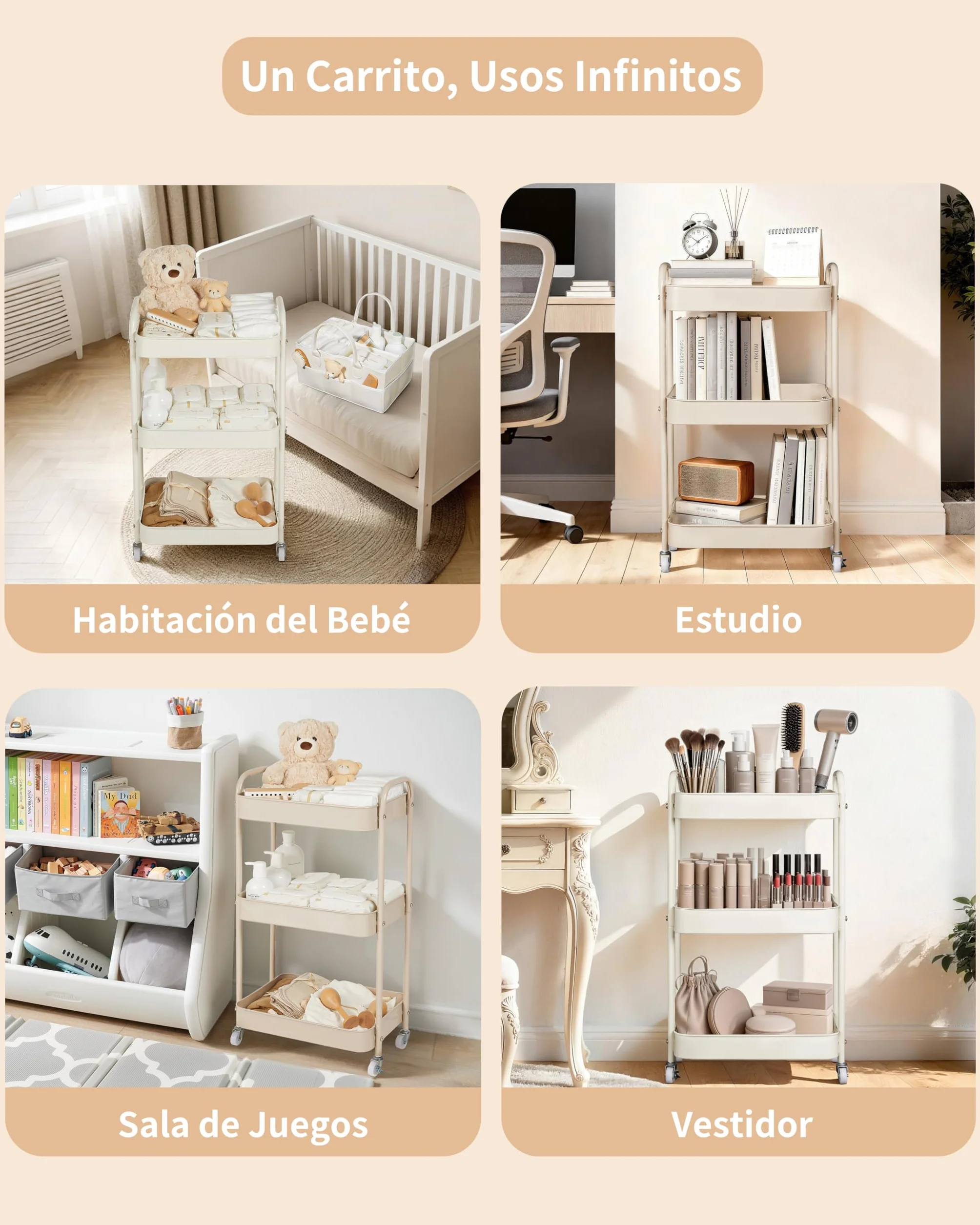 Fortella Carrito Auxiliar 3 Niveles, Cesta Bebe Recien Nacido Fieltro Portátil, Almacenamiento Hogar, Organizador Pañales, Multifuncional Carrito Cocina Baño (Beige)