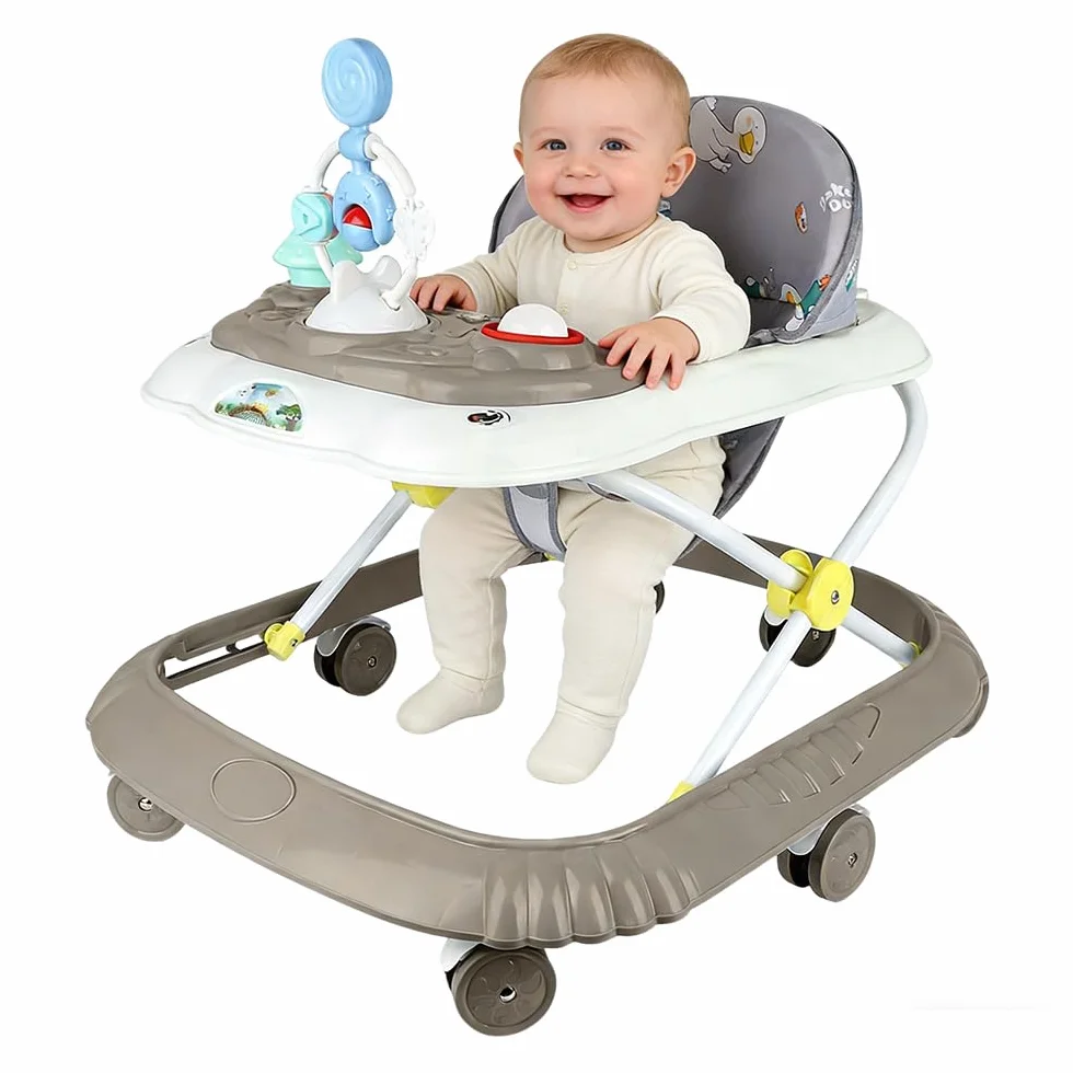 Andador 4 en 1, Andador plegable para bebé con bandeja de juegos interactiva con sonidos, base antivuelco, andador de ruedas de silicona y 4 posiciones de altura, de 6 a 18 meses (Kaki-67 x 72 x 92 cm