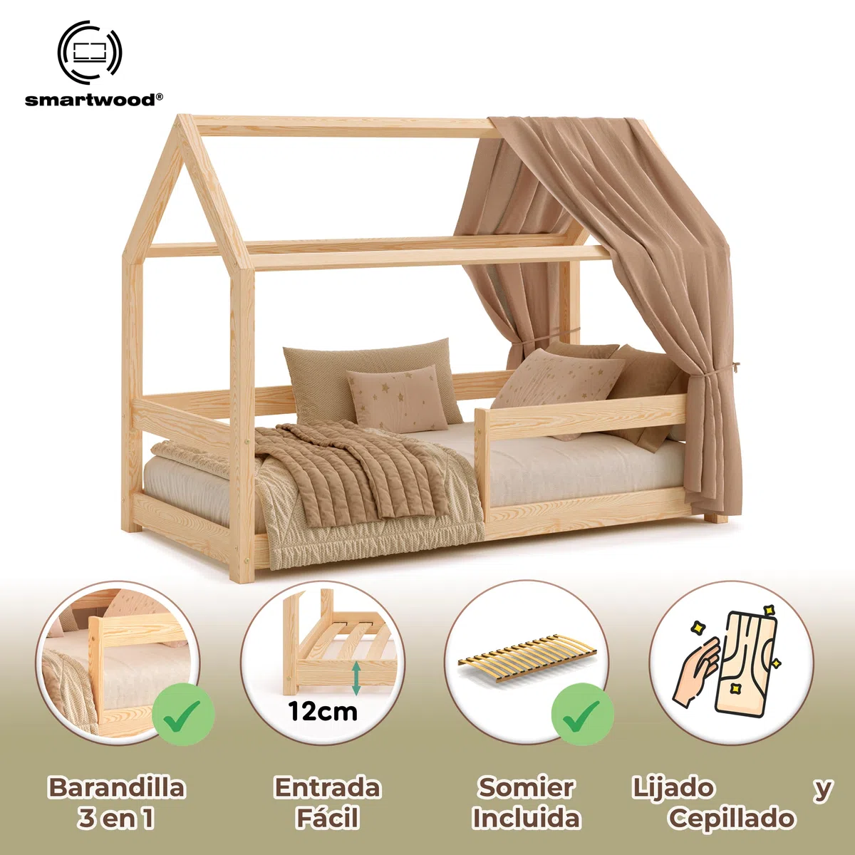 smartwood Cama Casita 90x190 cm de Madera Maciza - Cama Montessori con Barandilla y Somier hasta 230 kg - Diseño Escandinavo - para Niños y Niñas - Montaje Fácil - Milo