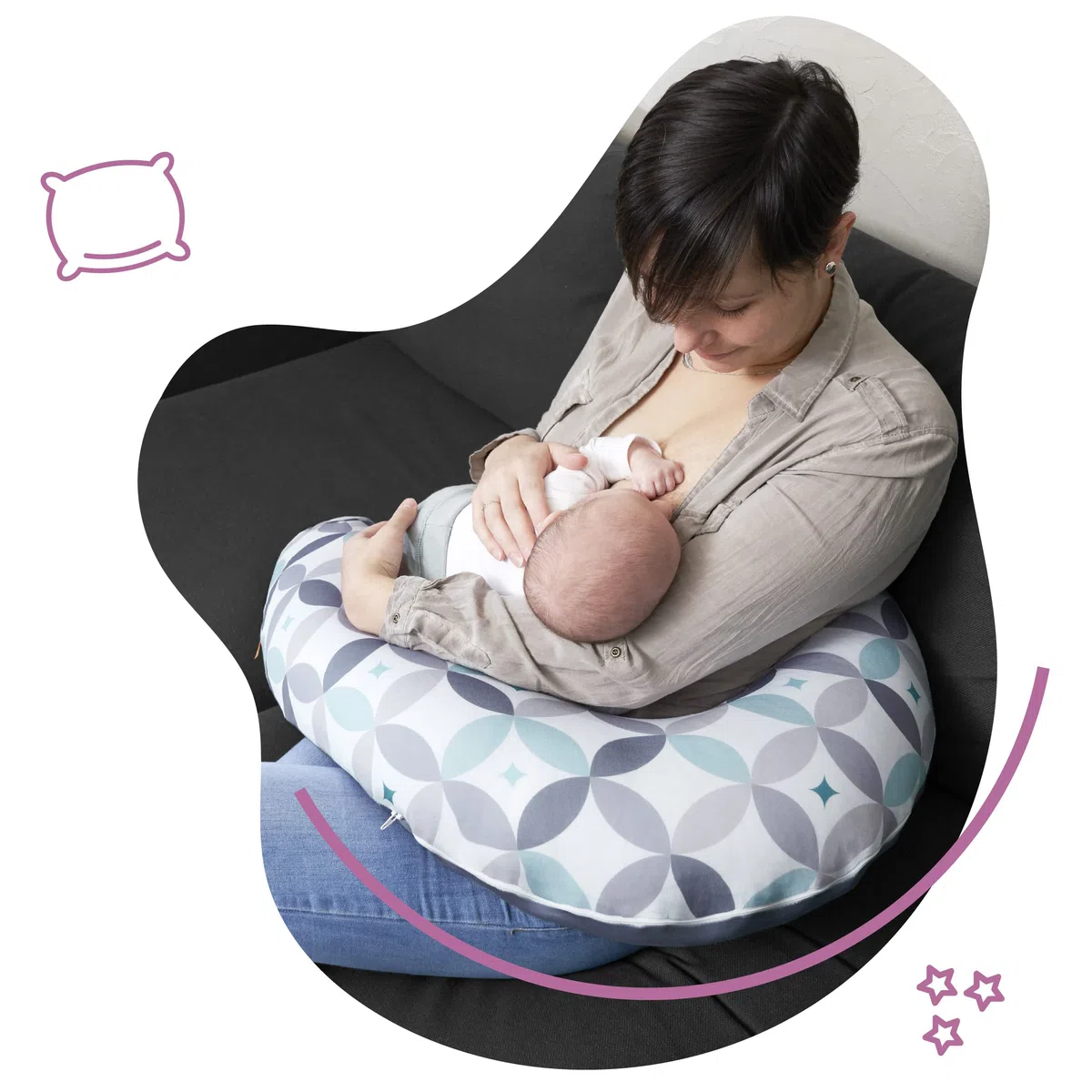 Badabulle Cojínde Maternidad Evolutivo, 2 en 1, Almohada de Lactancia, Relleno de Microesferas, estampado