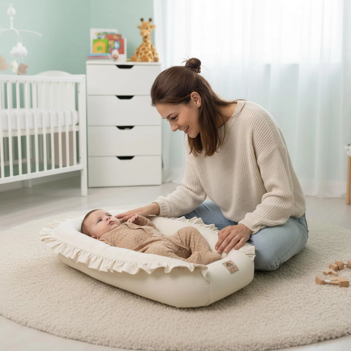 PIMKO Nido de bebé con volantes para bebé, capullo para bebés y recién nacidos, 100% algodón, adecuado para el hogar, 55 x 90 cm (beige con solapa)