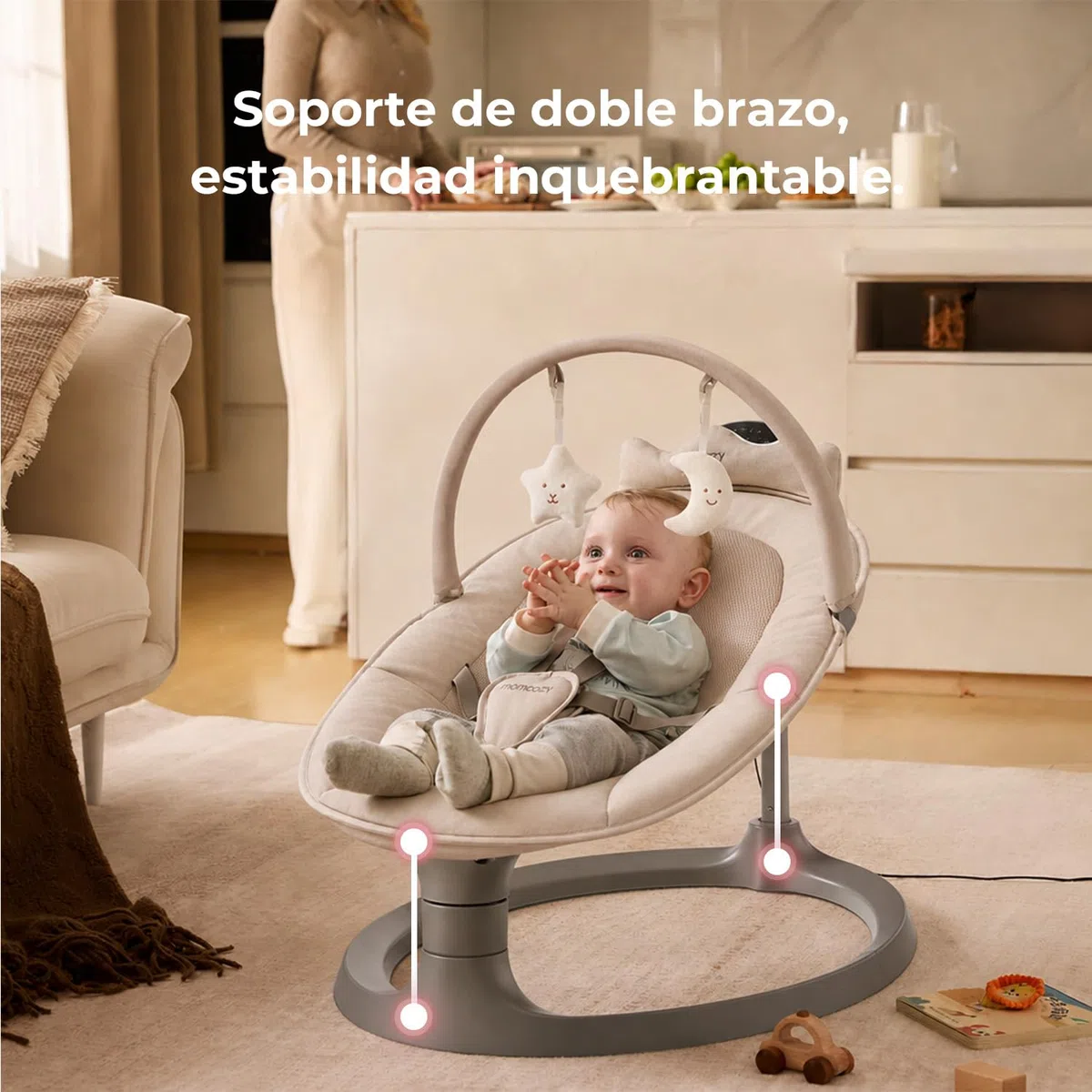 Momcozy 2 en 1 Hamaca Bebe Electrica, con Soporte de Doble Brazo, 4 Modos y 4 Velocidades de Balanceo, Mecedora Bebe Electrica Convertible en Asiento Fijo de hasta 30kg, 2 Posiciones de Reclinación