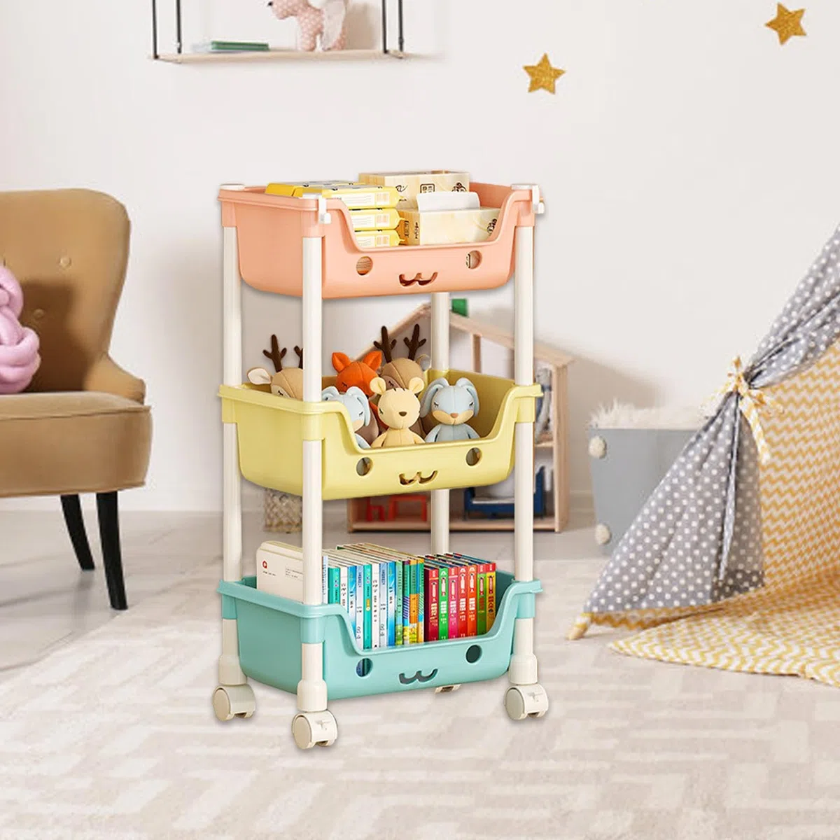 Estantería para juguetes para niños, organización y almacenamiento en la sala de juegos, estantería infantil de varios niveles con ruedas, organizador para niños, contenedor de almacenamiento