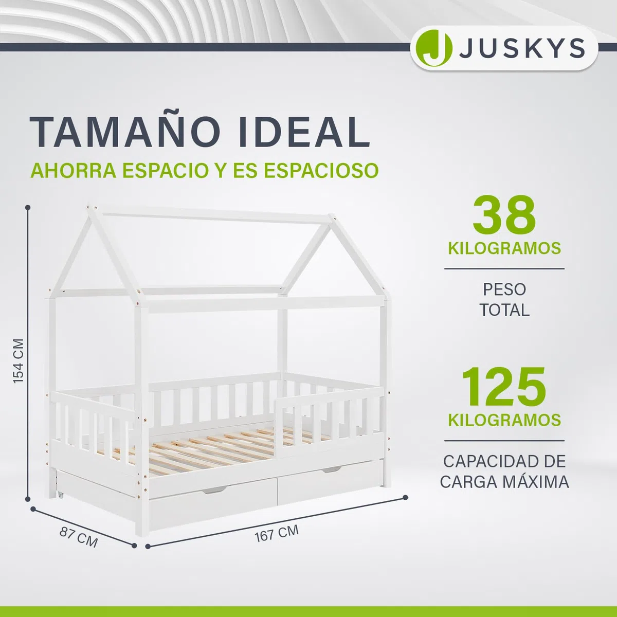 Juskys Cama Infantil Marli 80 x 160 cm con canapé de 2 Piezas, protección anticaída, somier y Techo - Cama de Madera Maciza para niños - Cama en Blanco