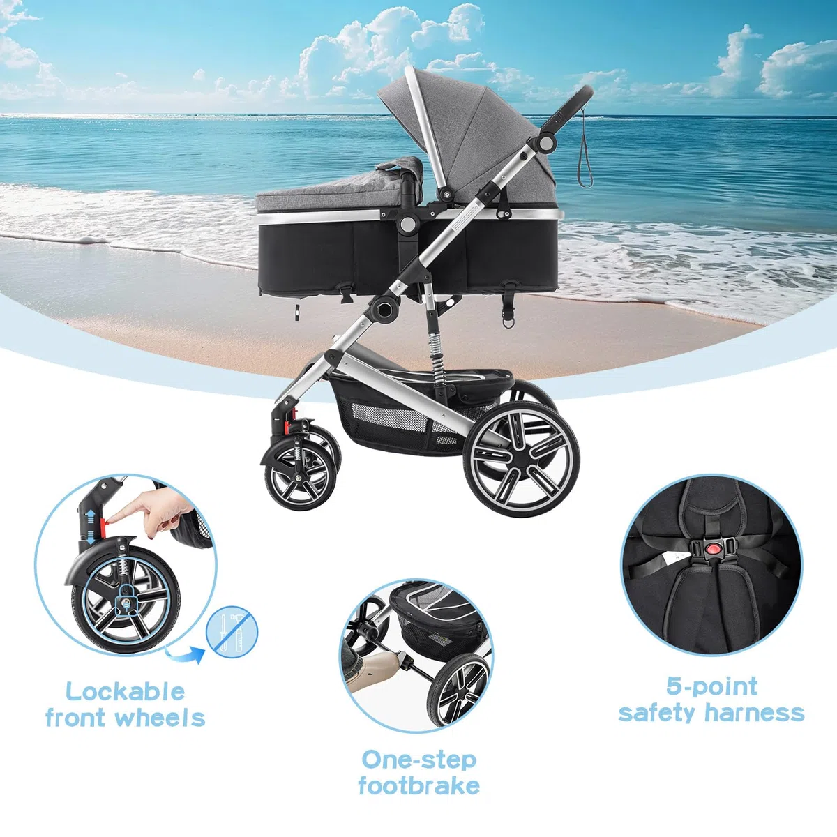 Cochecito Bebe 3 Piezas,el Chasis Delsilla de Paseo Ligera es de Aluminio, con clips para cestas de dormir,Silla de Paseo Reversible, Cubierta Para la Lluvia,Mosquitera, 0-48 Meses,22kg,Negro