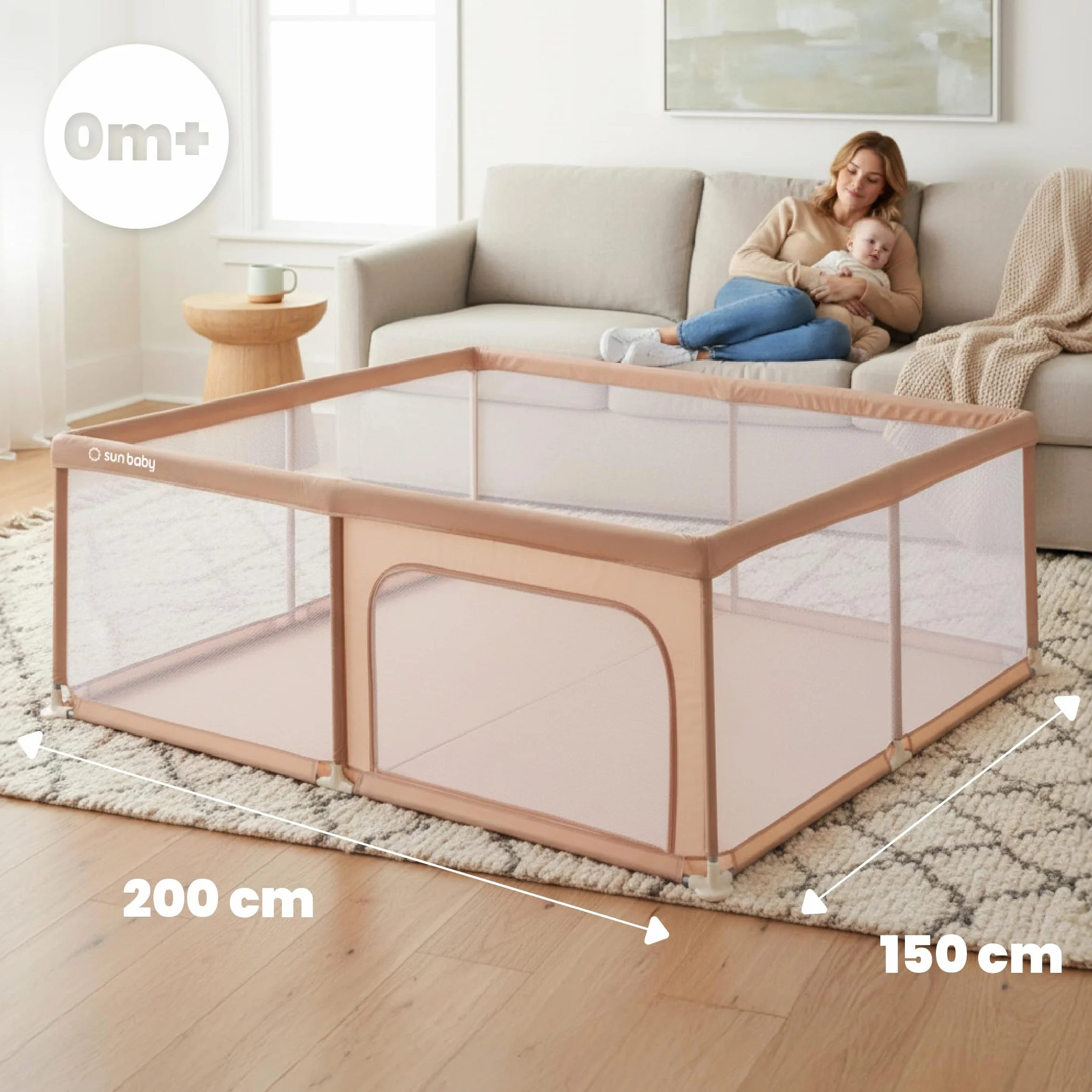 sun baby Parque Infantil 150x200 cm 0-2 años Salmón, poliéster, paredes de malla, entrada con cremallera, pies antideslizantes, bolsa incluida, estructura metálica