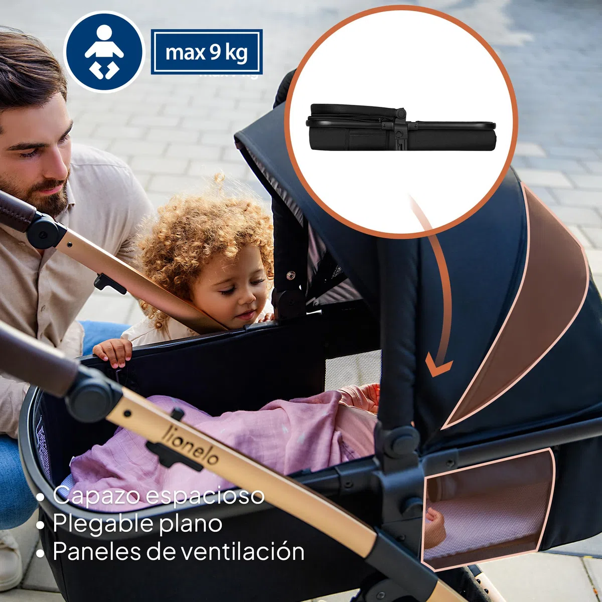 LIONELO Amber Coche de bebé multifuncional 3 en 1 Conjunto silla de paseo con el Asiento de Cubo e Capazo Manillar regulable Bolsa Mosquitero Protector de lluvia Asiento de coche