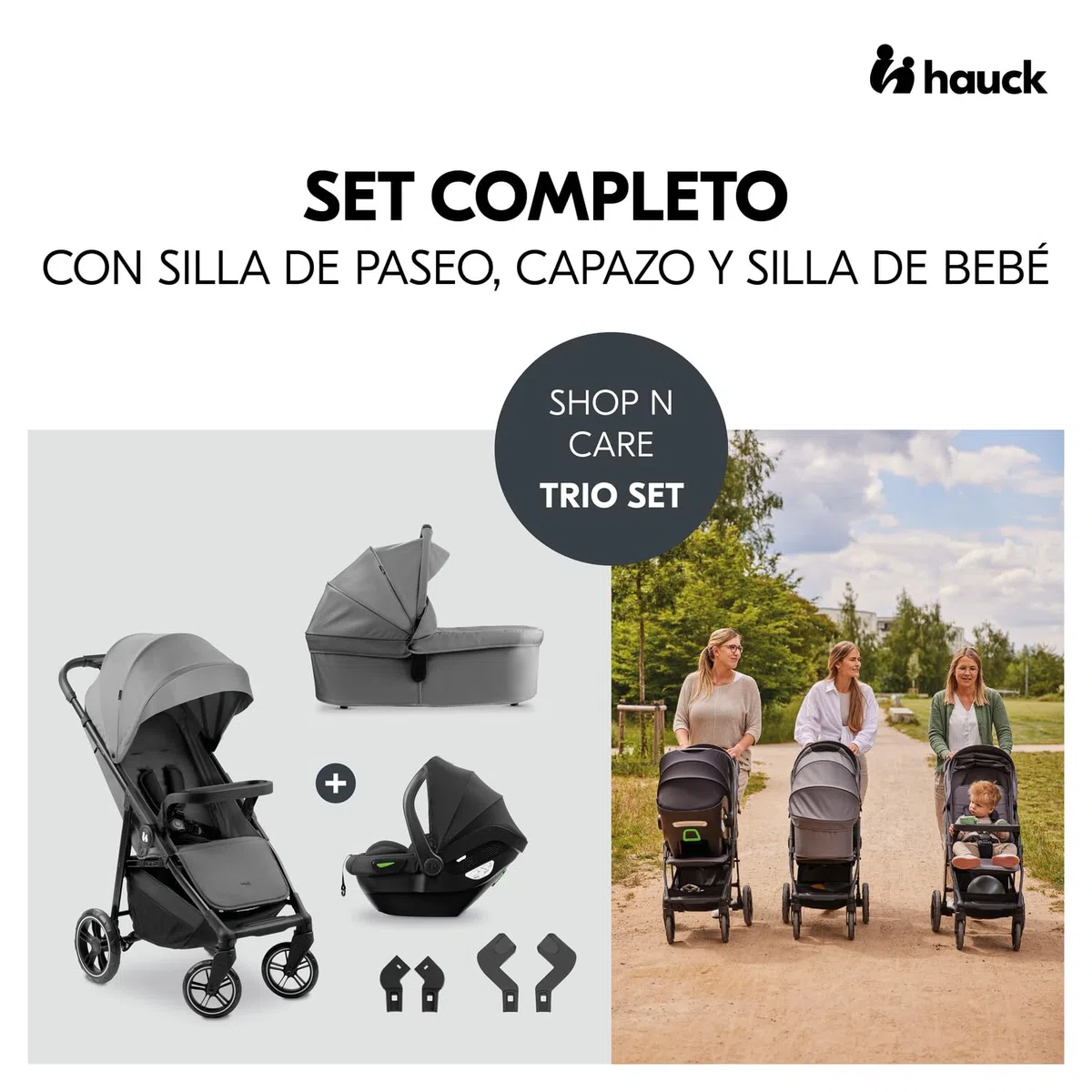 hauck Carro Bebe 3 Piezas Shop N Care Trio Set - Set de Carrito 3 en 1 con Cochecito, Silla de Coche y Silla de Paseo desde el Nacimiento hasta 22 kg, Compacto, Reclinable, Protección UV 50+ - Gris
