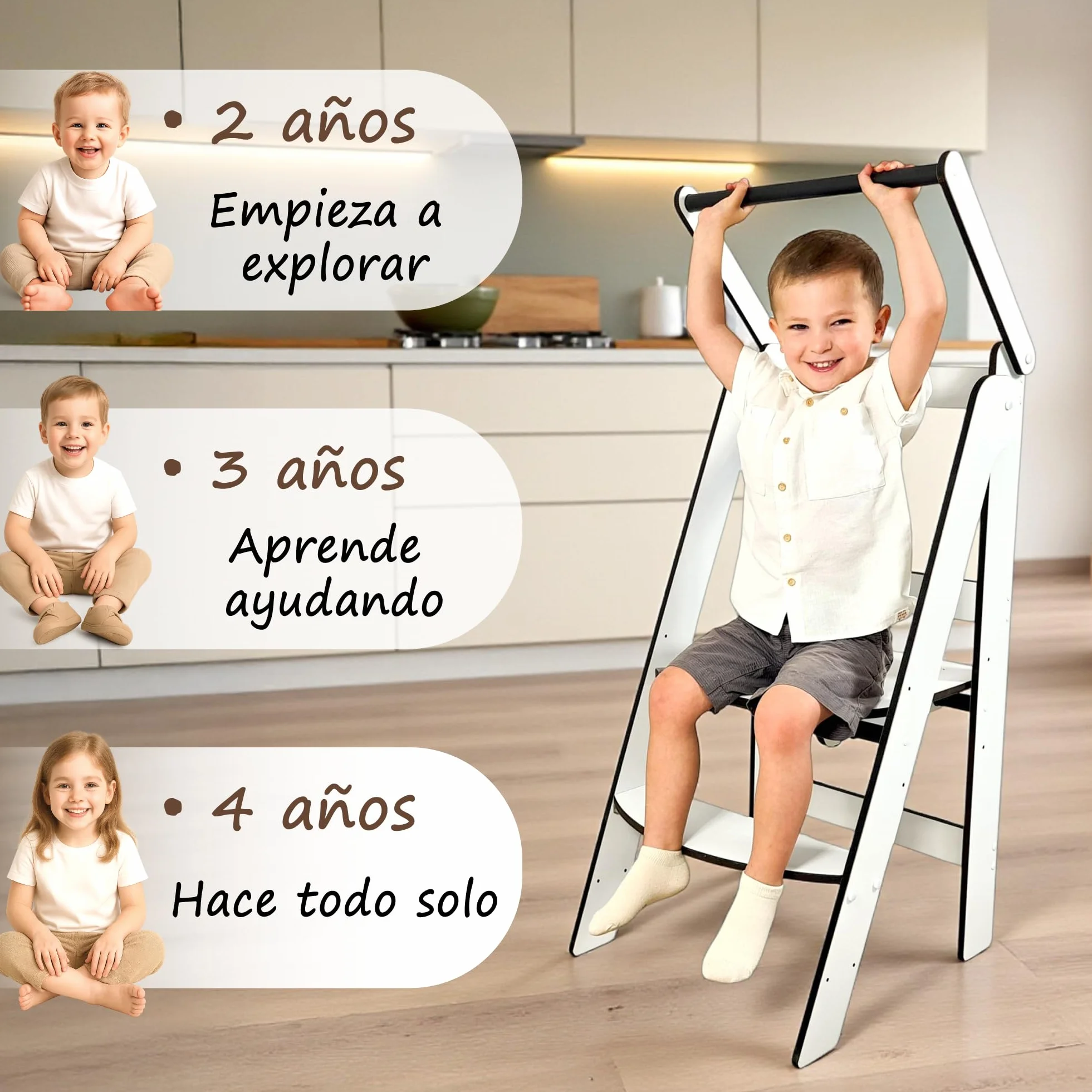 Torre de Aprendizaje Montessori Blanca Compacta, Evolutiva Niños, Escalera 2 Peldaños, Taburete Infantil