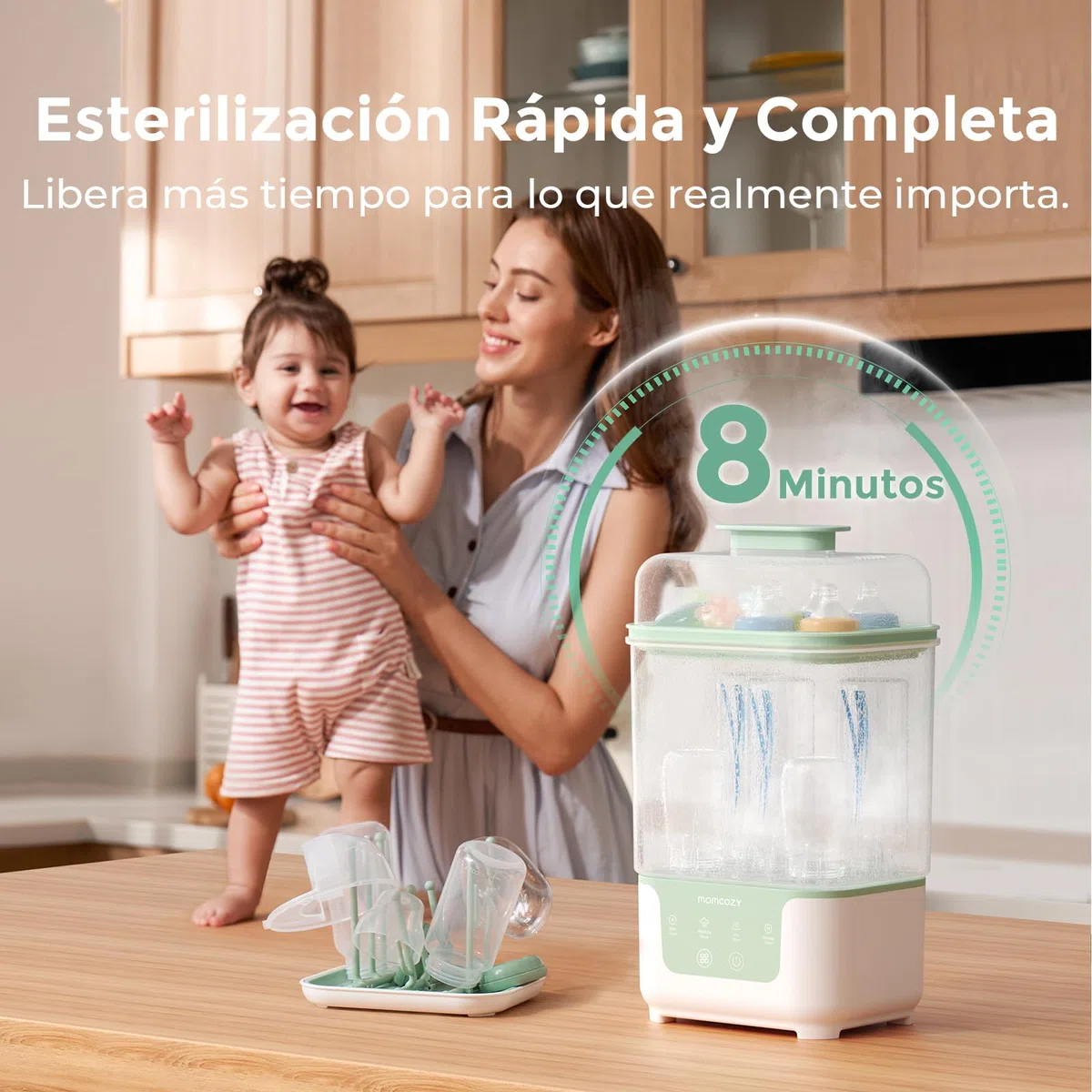 Momcozy Esterilizador y Secador Eléctrico para Biberones, Capacidad para 6 Biberones, Dispositivo 4 en 1 para Biberones, Accesorios y Extractores de Leche, con Soporte de Secado Incluido