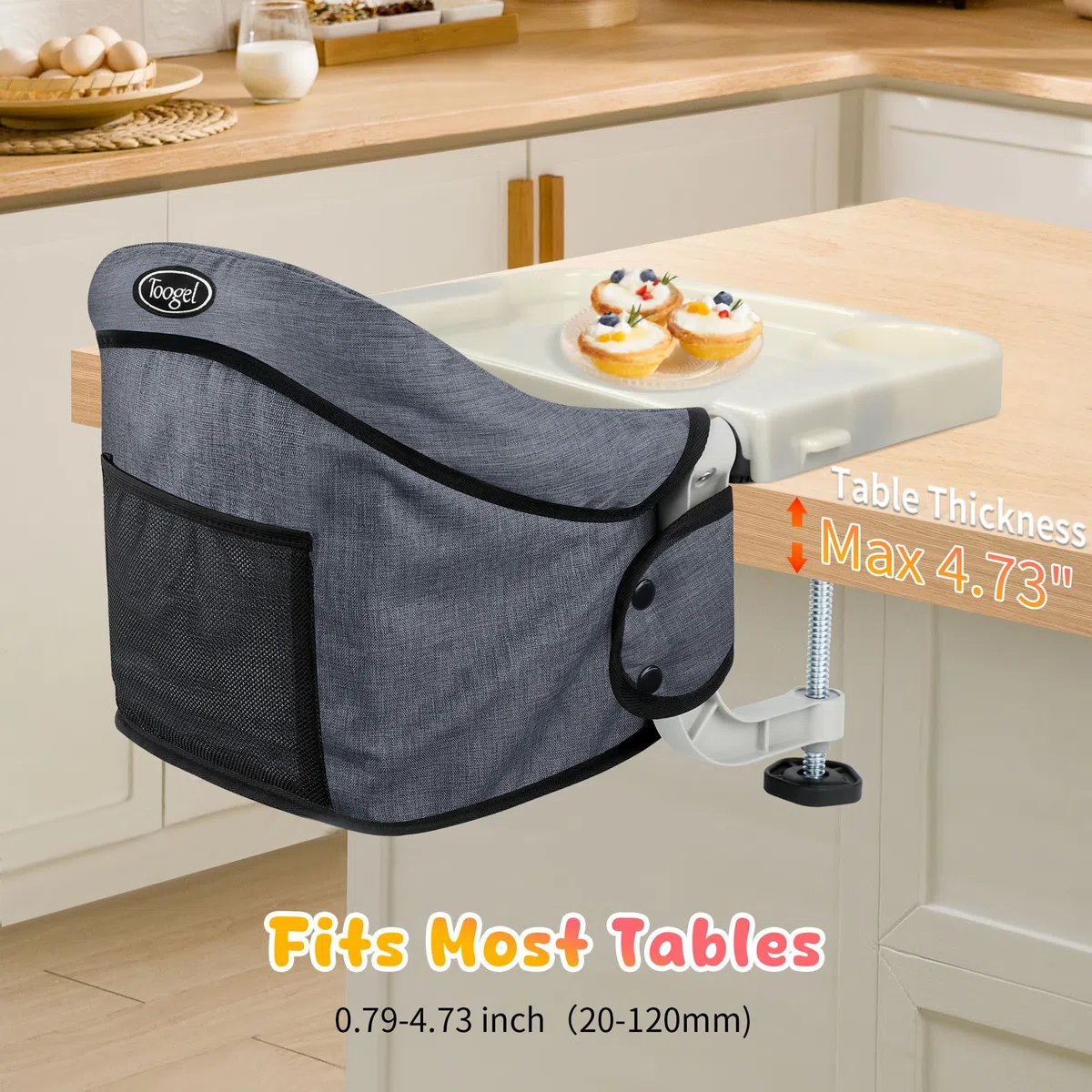 Toogel Silla de Mesa para Bebé con Bandeja Extraíble, Trona Portátil con Correas de Seguridad, Asiento de Mesa Infantil con Bolsa de Transporte para Casa y de Viaje (Gris)