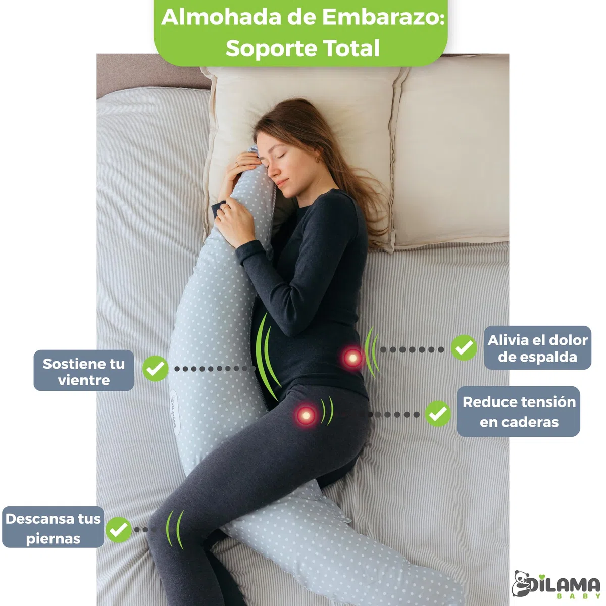 Dilamababy Almohada Embarazada y Cojín Lactancia Bebé Multifuncional | Copos viscoelásticos y microfibras, algodón lavable, dormir de lado, premama, maternidad, regalo original, Made in Italy