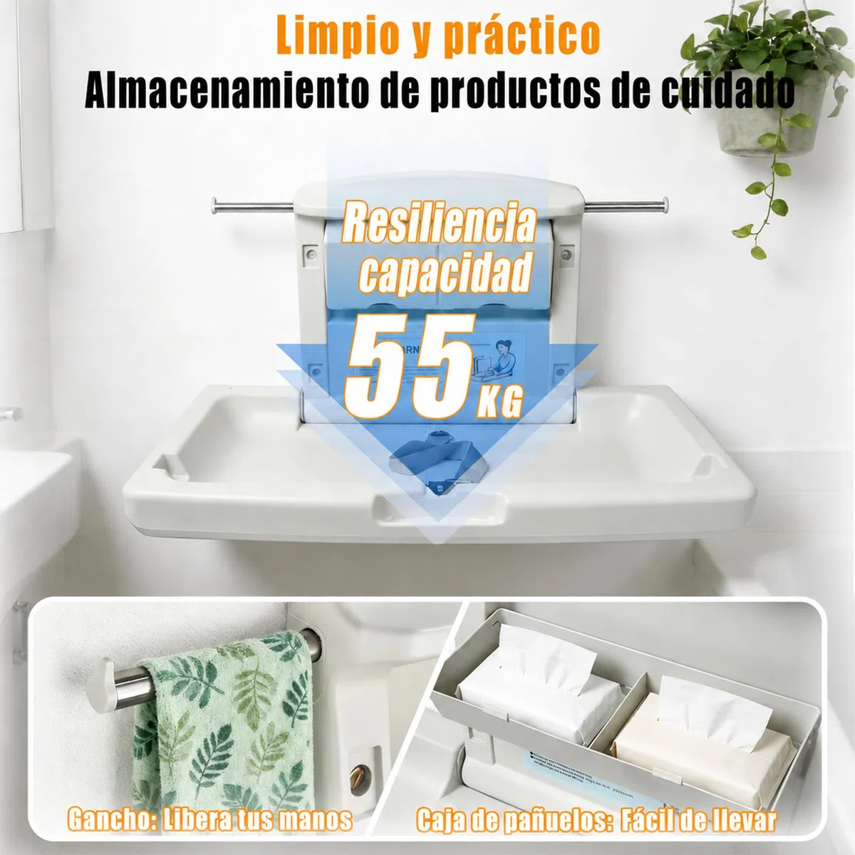 Cambiador bebe plegable de pared, cambiador de bebe para baños públicos con cinturón de seguridad ajustable, ganchos laterales y cajas de almacenamiento plegables