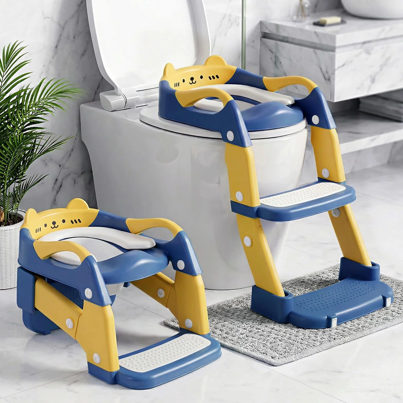 Orzbow Adaptador Wc Niños con Escalera, 2 en 1 Reductor Wc Niños, Orinal Portatil, Altura ajustable, Pedal Extensible y Cojín de PVC, Antideslizante y Ligero, Azul Amarillento