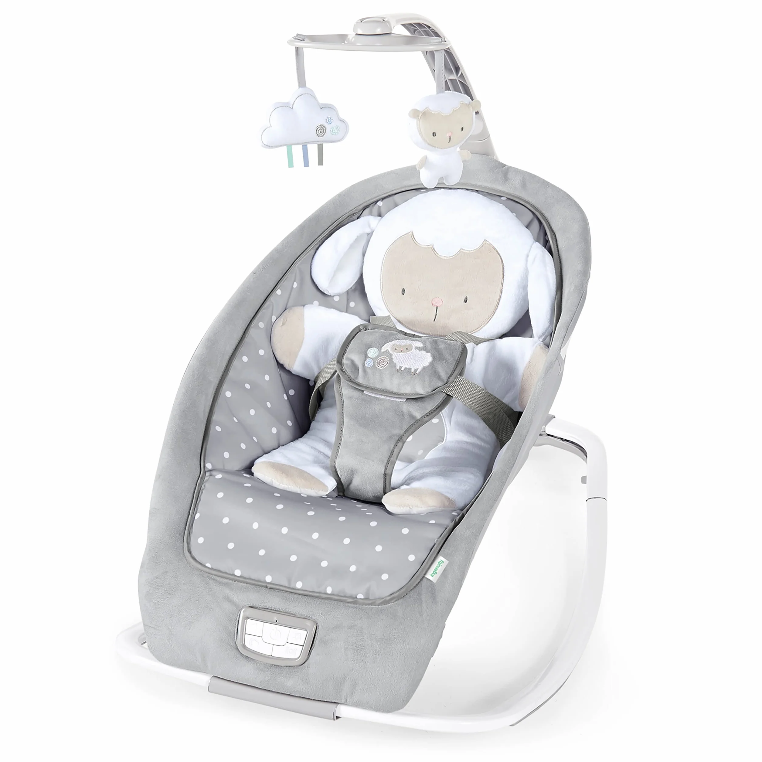 Ingenuity, Hamaca Mecedora para Bebés hasta 18 kg, Cuddle Lamb con vibraciones, arco de juego con 2 peluches, 12 melodías, 4 sonidos de naturaleza, volumen regulable, ergonómico.