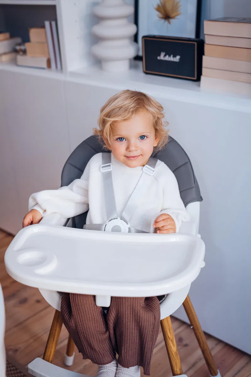 MoMi REKI Trona Bebé 3 en 1 Evolutiva, Trona hasta 36 Meses y Silla Infantil hasta 5 Años, Fácil de Limpiar, Bandeja Desmontable, Arnés de Seguridad, Reposapiés, Juguete Incluido, Gris