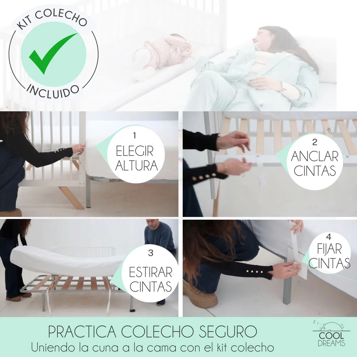 Cuna Colecho de Bebé Koala Estilo Nórdico Natural 120x60 cm, de Madera de Haya, con Colchón Morfeo y Barandillas Naturales CoolDreams