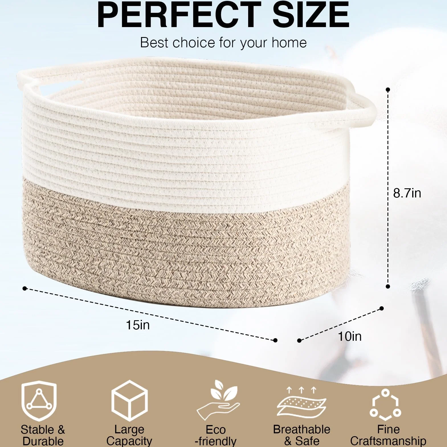 Cesta de Almacenamiento Tejida de Cuerda de Algodón para Organizar Juguetes de Bebé, Lavandería y Manta - Blanco y Marrón
