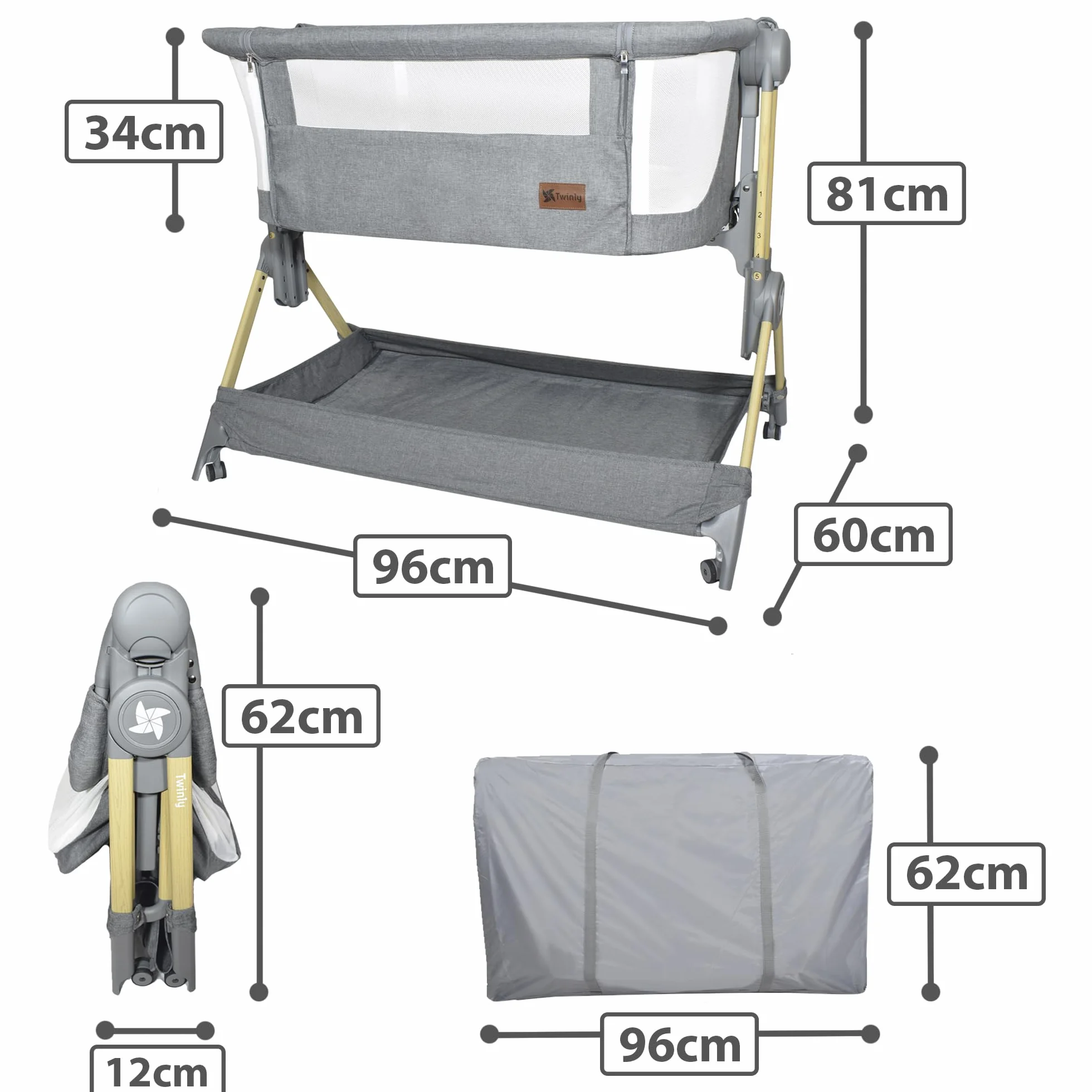 Twinly Comfortly - Cuna Colecho Bebé y Moisés 2 en 1 con Ruedas | Minicuna de Viaje Plegable, Sin Montaje, Altura Ajustable y Función Antireflujo | Incluye Colchón, Sábana Algodón y Bolsa (Wood)