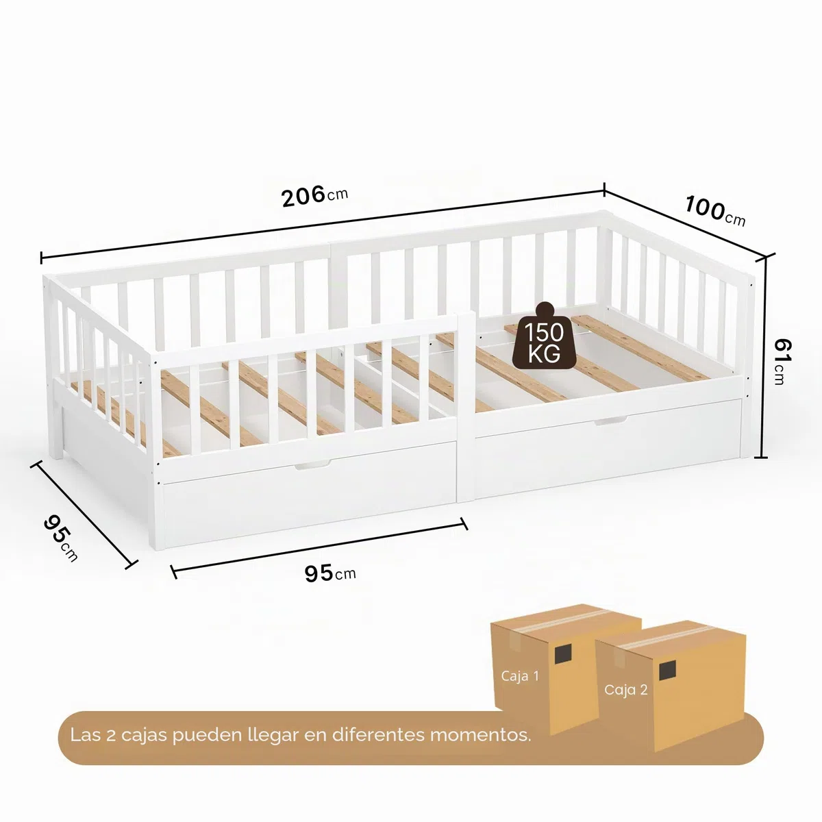 Xbro Cama Infantil 100x200 cm, con Cajones, Barandilla Anti-Caída Completa, Somier Incluido, para Niños y Niñas, Montaje Sencillo, Blanco