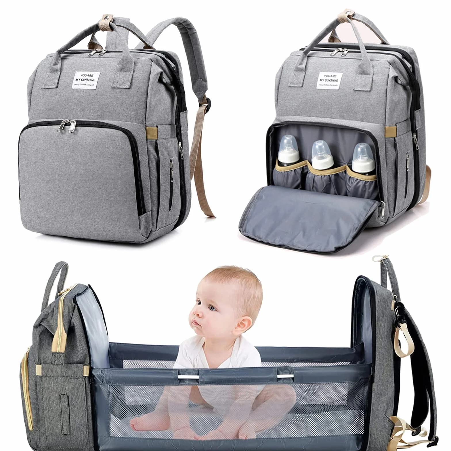 Mochila para Pañales Plegable,Bolsa de Cambio de Pañales Portátil,mochila para bolsa de bebé,Bolsa de Pañales Convertible,Gran Capacidad, Impermeable,para Bebépara cochecito (Gris)