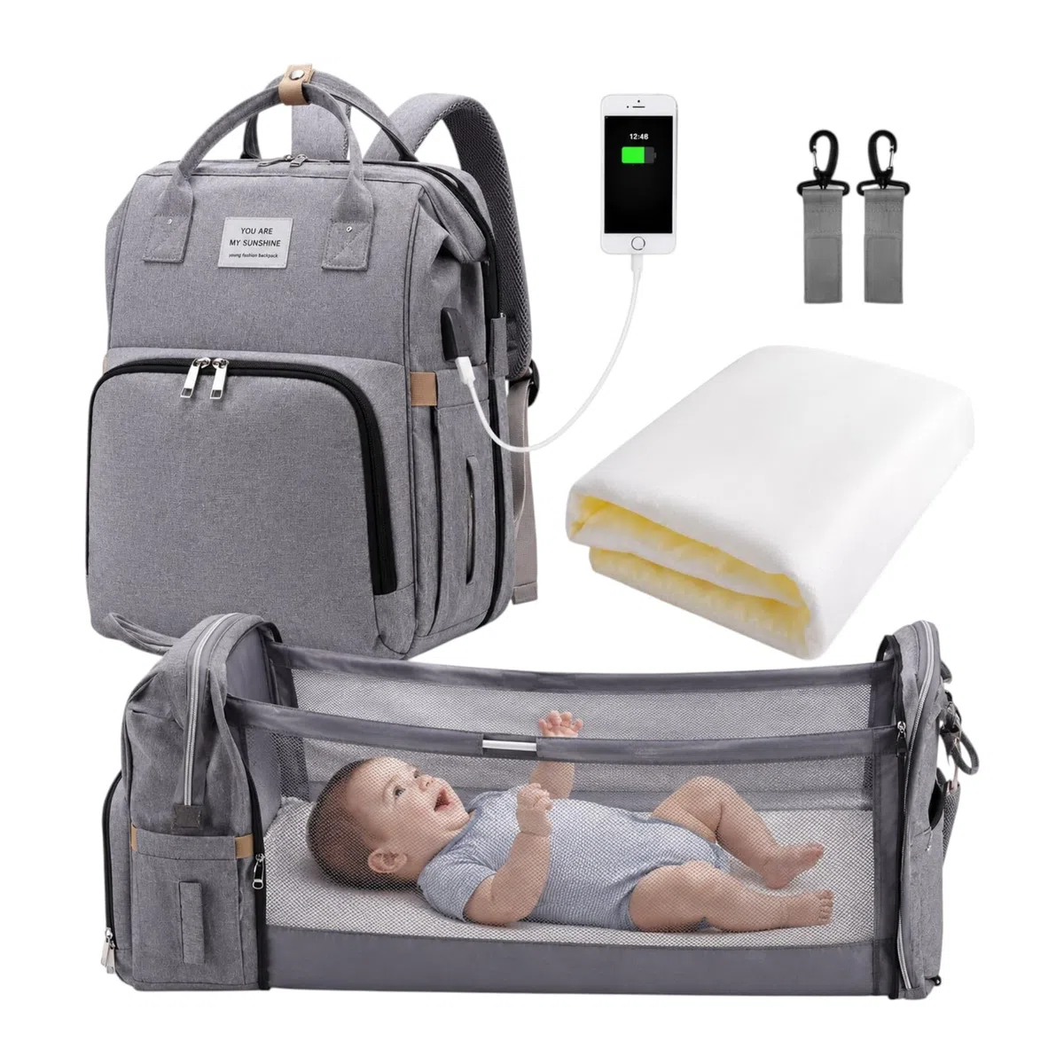 Genérico Mochila de Maternidad con Cuna Portátil Integrada, Bolsa Pañalera Multifuncional Impermeable para Viaje, Gran Capacidad, Organizador Bebé con USB y Cambiador para Mamá y Papá, Gris