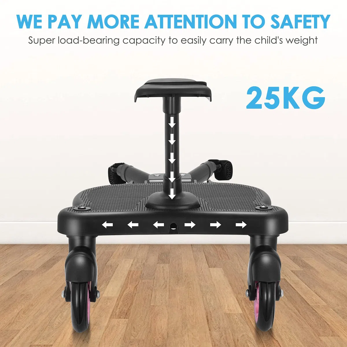 Patin Carro Bebe Universal con Asiento,FNRIDS Buggy Board portátil para niños,con correa de suspensión, Diseño estable de dos ruedas, Accesorio para cochecito para niños de 2 a 6 años (25 kg) (rosa)