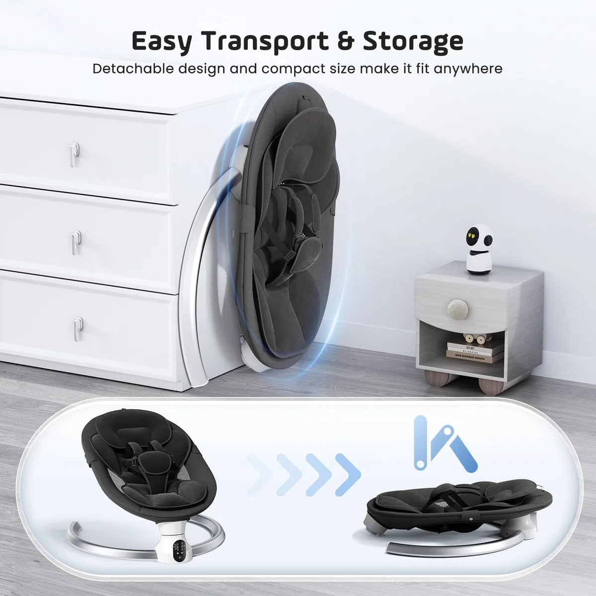 Bouncer eléctrico para bebés con 5 amplitudes de swing temporizador de 3 etapas, silla de gorila para bebés con control de aplicaciones móviles y control remoto(Negro)