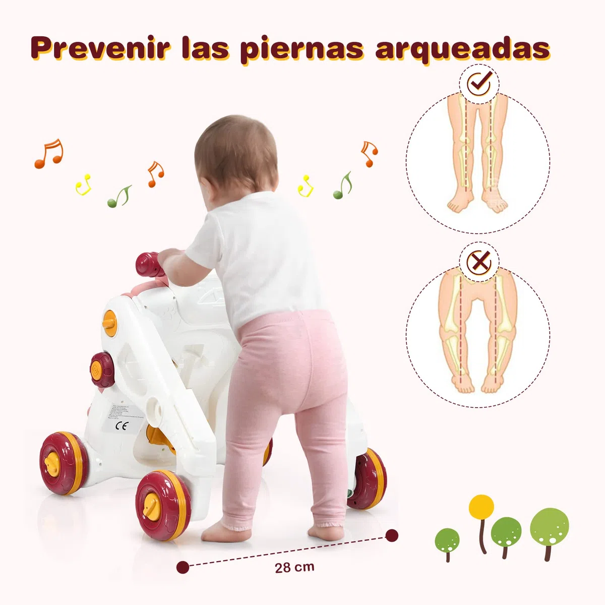 COSTWAY 3 en 1 Andador Bebes, Andador para Bebé con Música,Luces y Ruedas Antideslizantes,Caminador Correpasillo con Tablero de Juguete para Bebé de 6-36 Meses, 56 x 46 x 46 cm (Rosa oscuro)