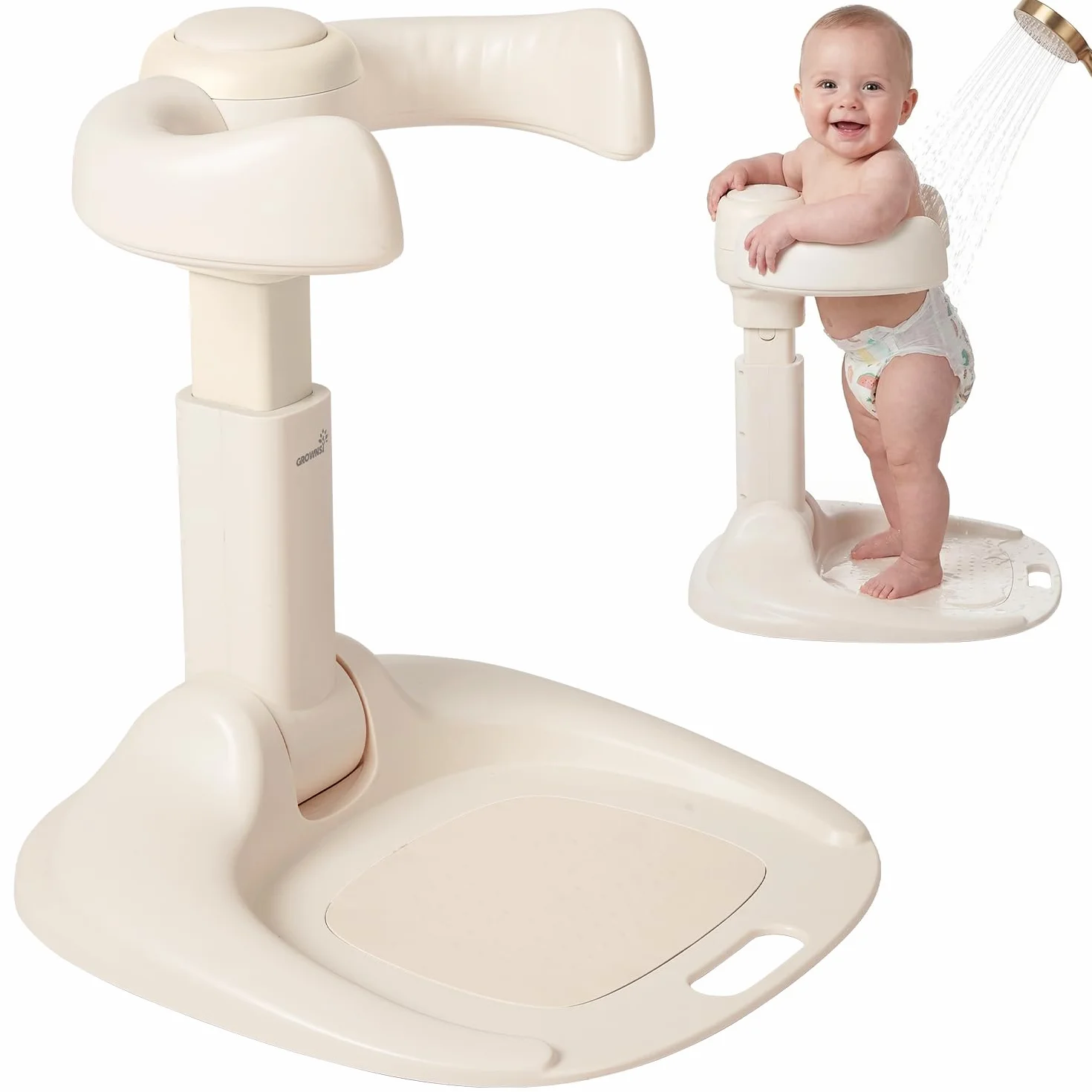 Grownsy Soporte Bañera Bebé desde 6 Meses, Soporte de Ducha para Bebé de Pie Plegable y Ajustable con Base Antideslizante para Bebés y Niños Pequeños