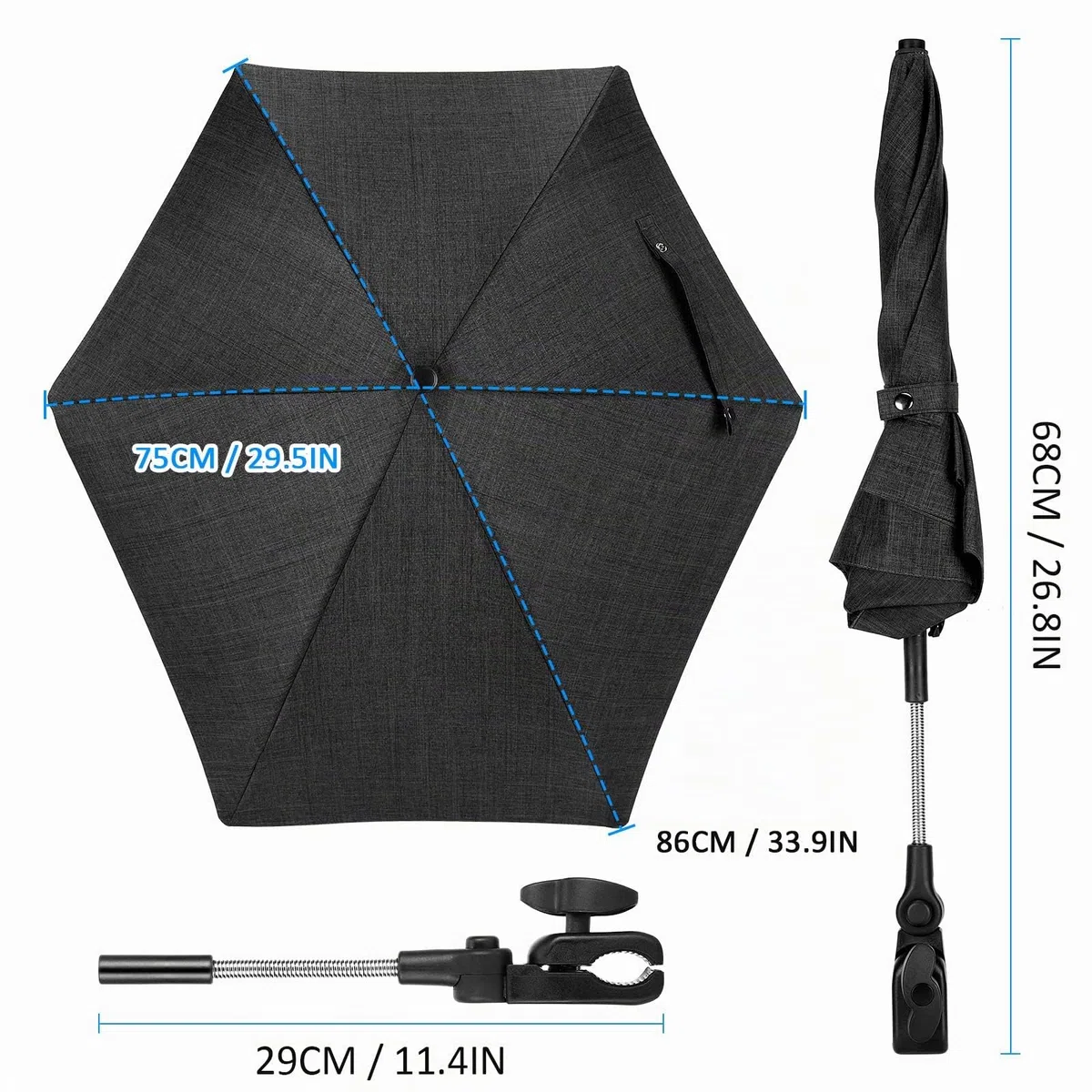 Sombrilla Universal Carrito de Bebé, Protección UV 50+, con Soporte para Tubos Redondos y Ovalados para Sombrilla Cochecito y Silla de Paseo Bebé,Doble Orificio de Sujeción,78cm Diámetro