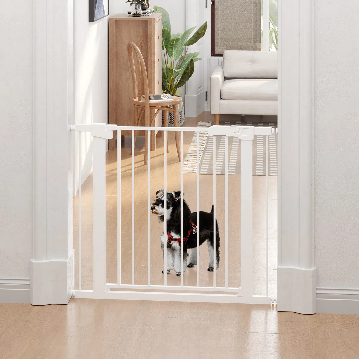 PawHut Barrera de Seguridad de Perros Extensible para Escaleras y Puertas 76-97 cm Valla para Perros con 2 Extensiones de 7 cm Cierre Automático y Marco Metálico Altura 76 cm Blanco