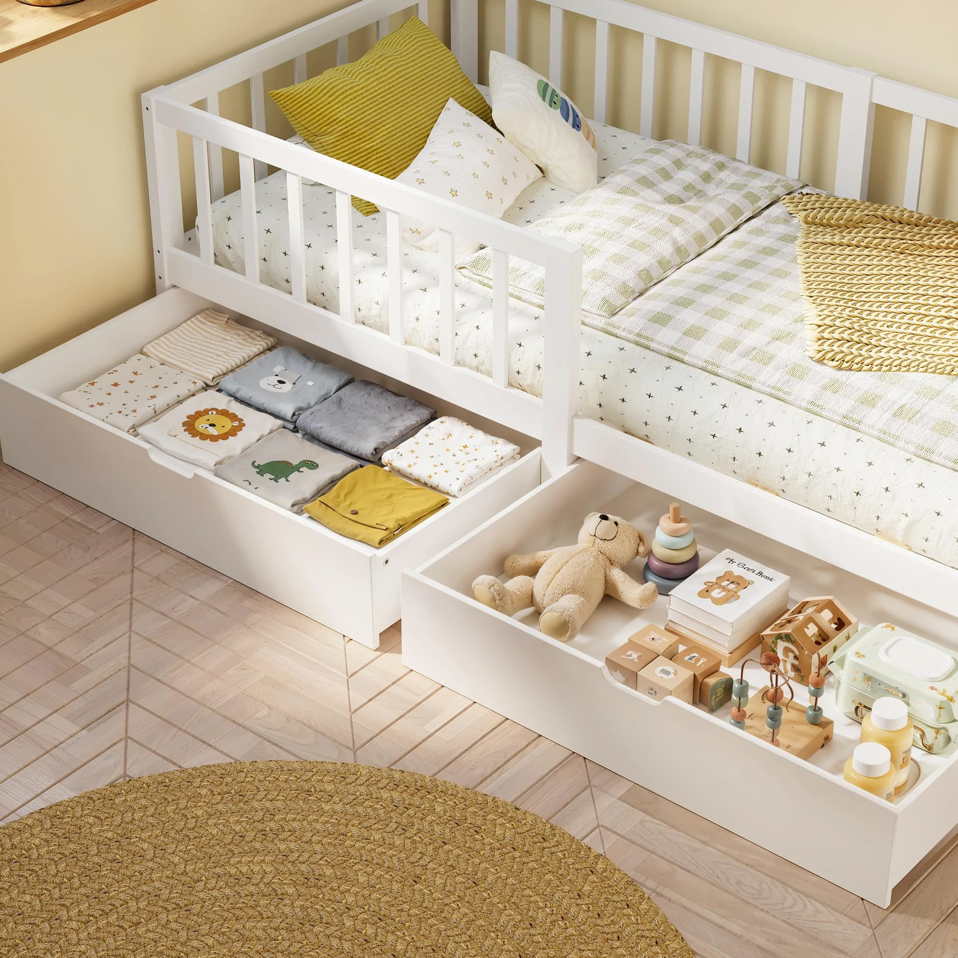 Xbro Cama Infantil 100x200 cm, con Cajones, Barandilla Anti-Caída Completa, Somier Incluido, para Niños y Niñas, Montaje Sencillo, Blanco