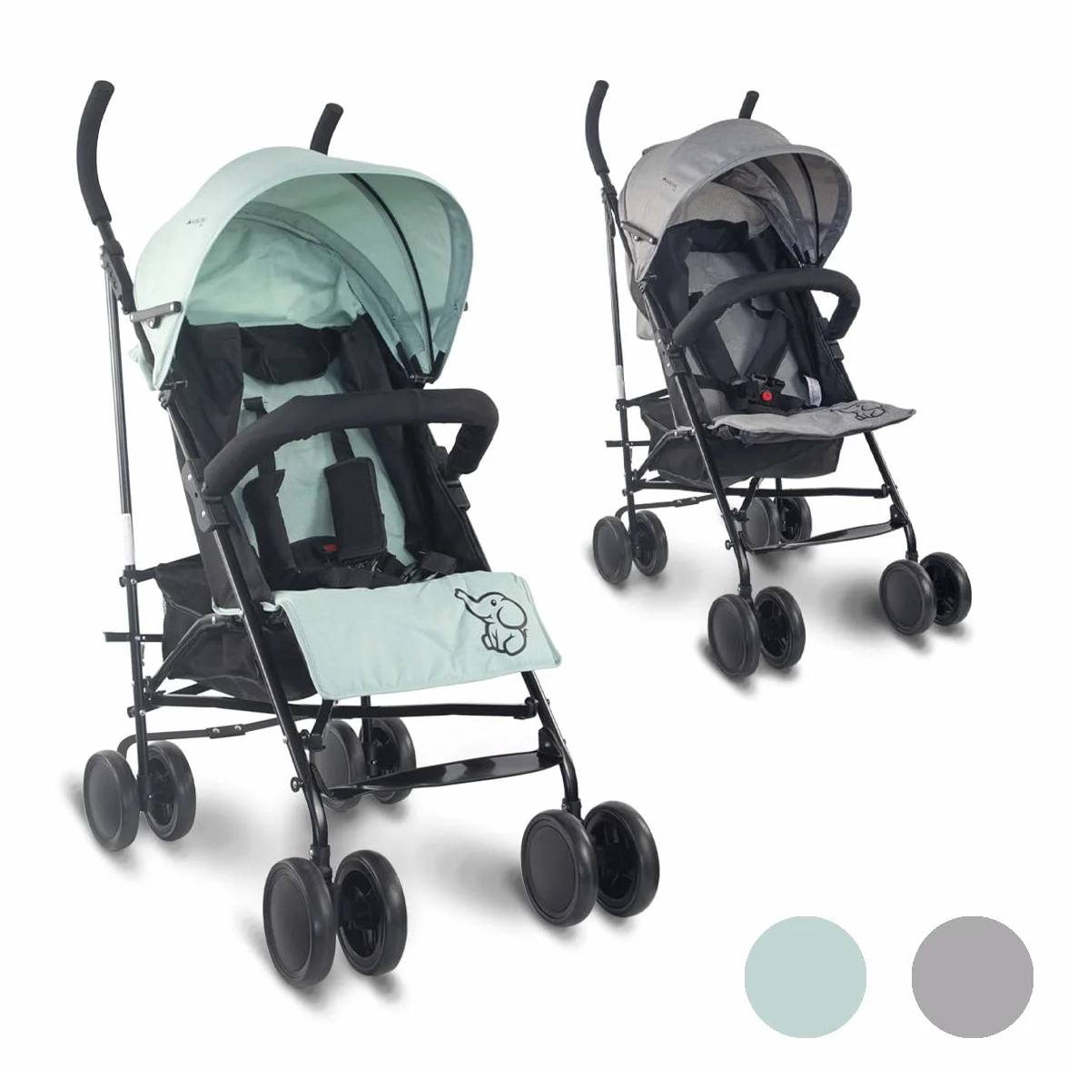 Mobiclinic®, Carrito bebe, Elefant, Marca española, Plegable, Respaldo reclinable, Doble sistema de seguridad, Ruedas extraíbles, Arnés ajustable 5 puntos, Silla paseo ligera, Verde y negra