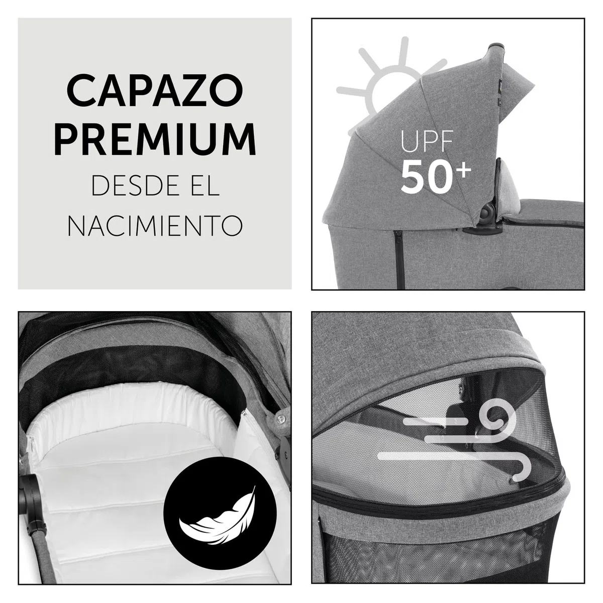 hauck Carrito Bebé 2 en 1 Vision X Set - Capazo desde el Nacimiento - Silla de Paseo 22 kg Reversible y Reclinable - Cubrepiernas - Ruedas de Goma - Plegable - Compacto - Gris Claro