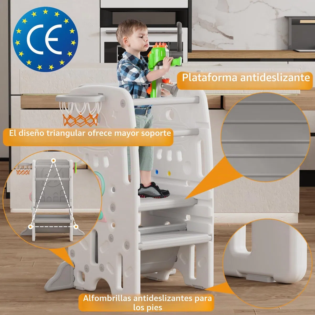Gupamiga Torre de Aprendizaje Montessori para Infantil, Antivuelco, Regulable en Altura, Peldaños Antideslizantes, con Funciones de Entretenimiento como Pintar, Baloncesto o Lanzamiento de Aros SST-02