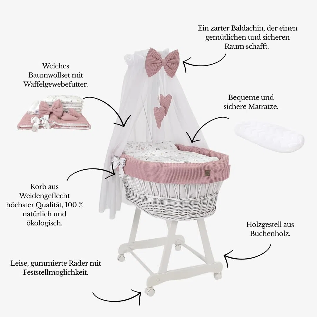 Moisés blanco con estructura, dosel colchón y ropa de cama de tela de gofre, ruedas silenciosas (rosa - conejito)