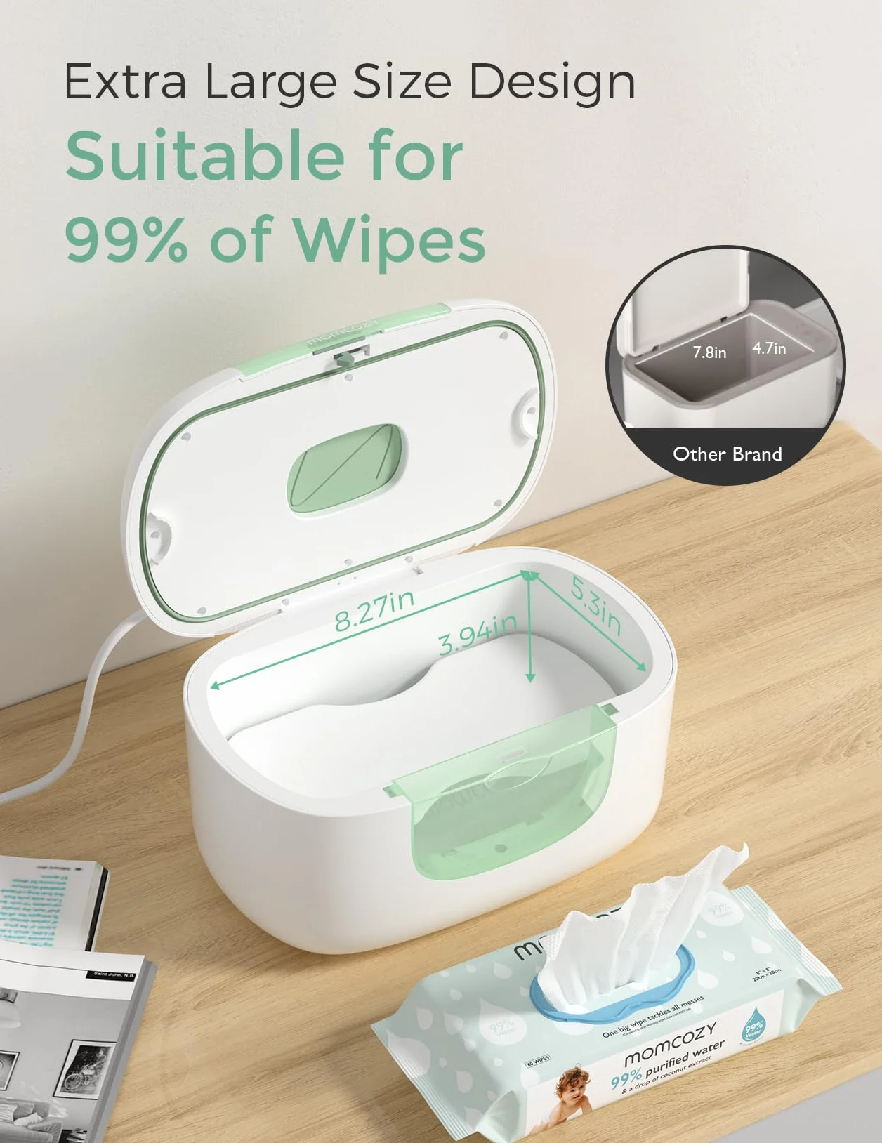Momcozy Calentador de toallitas para bebé, dispensador de toallitas de mayor capacidad, calentamiento rápido de 10 minutos con 4 modos de temperatura, innovador diseño de resorte, silicona y sellos