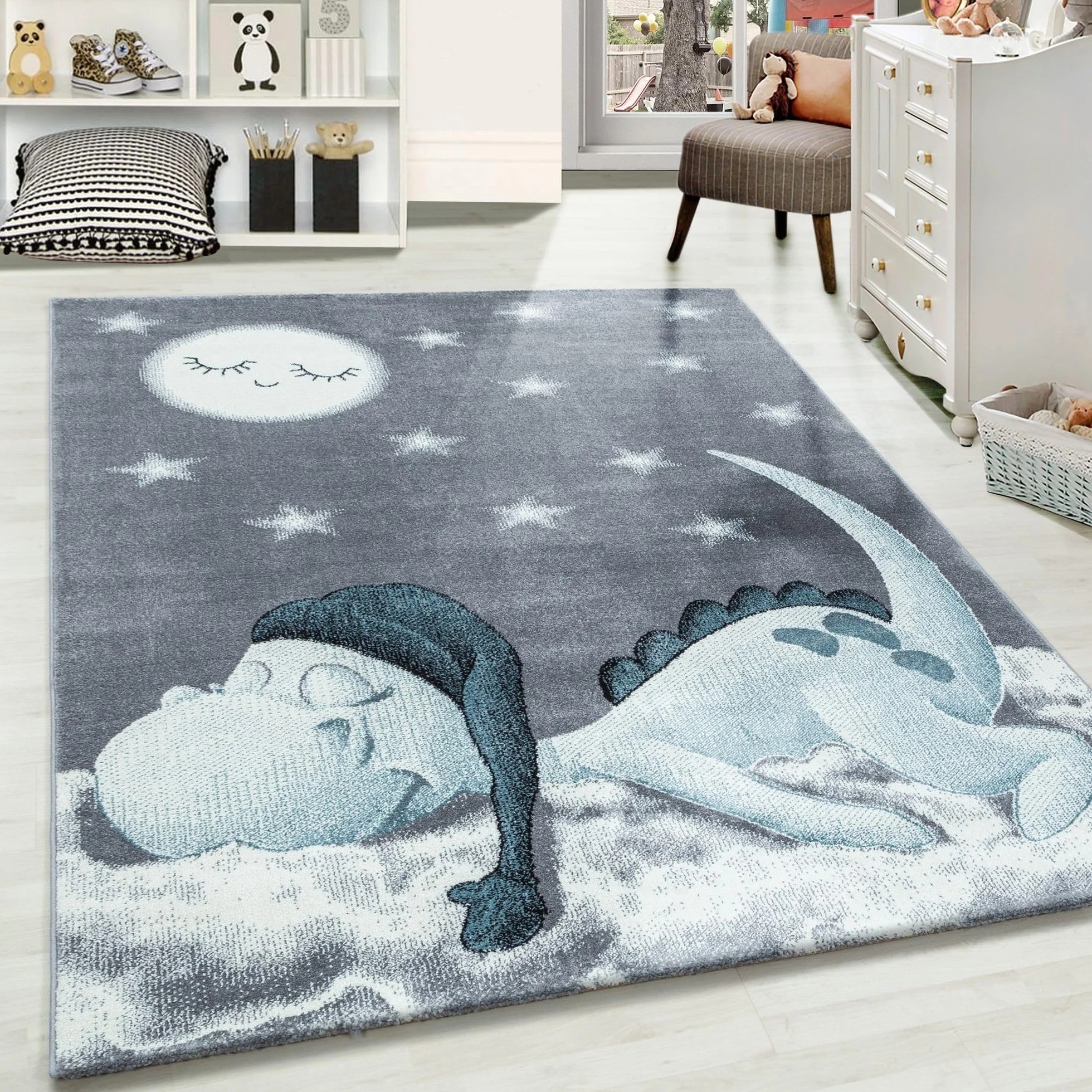 Carpetsale24 Alfombra Infantiles, Color Azul, diseño de Dinosaurio, 25084, Alfombra Rectangular, Alfombras habitación Infantil-habitación bebé, 160 x 230 cm