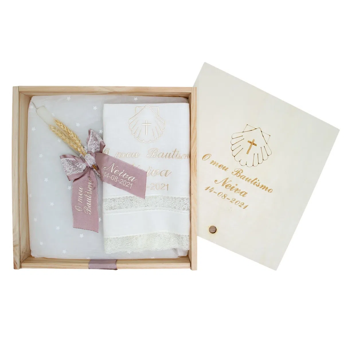 Kit de vela y pañuelo personalizado para Bautizo - Incluye caja de madera grabada – Pack de vela decorada y Paño bordado con nombre y fecha del Bautismo - Modelo Paris (Rosa Maquillaje)