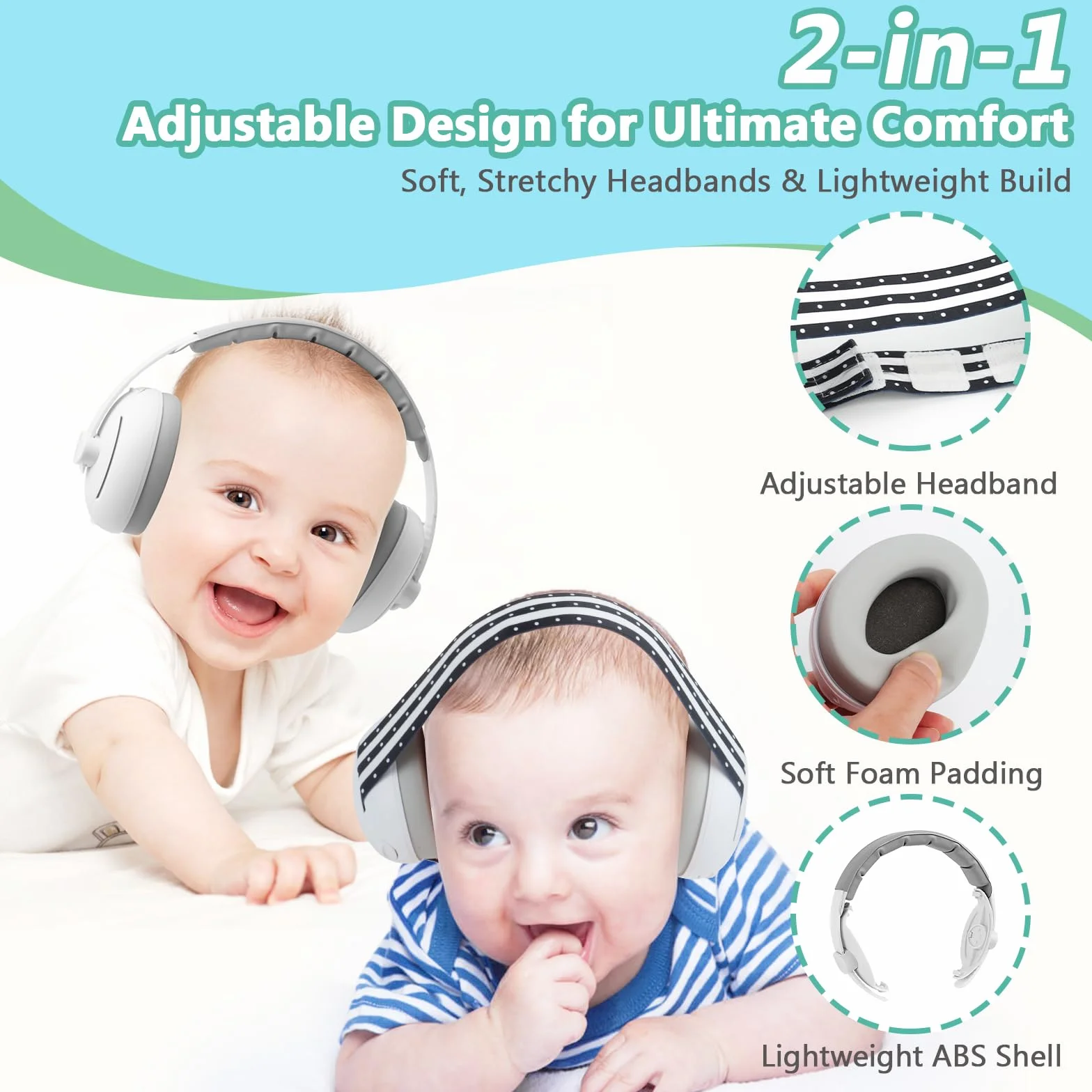 Cascos Bebe Antiruido Protectores Auditivos para Bebé 2-en-1 (0-4 años),Reducción de Ruido de 25dB, Banda Ajustable y Carcasa ABS Ligera