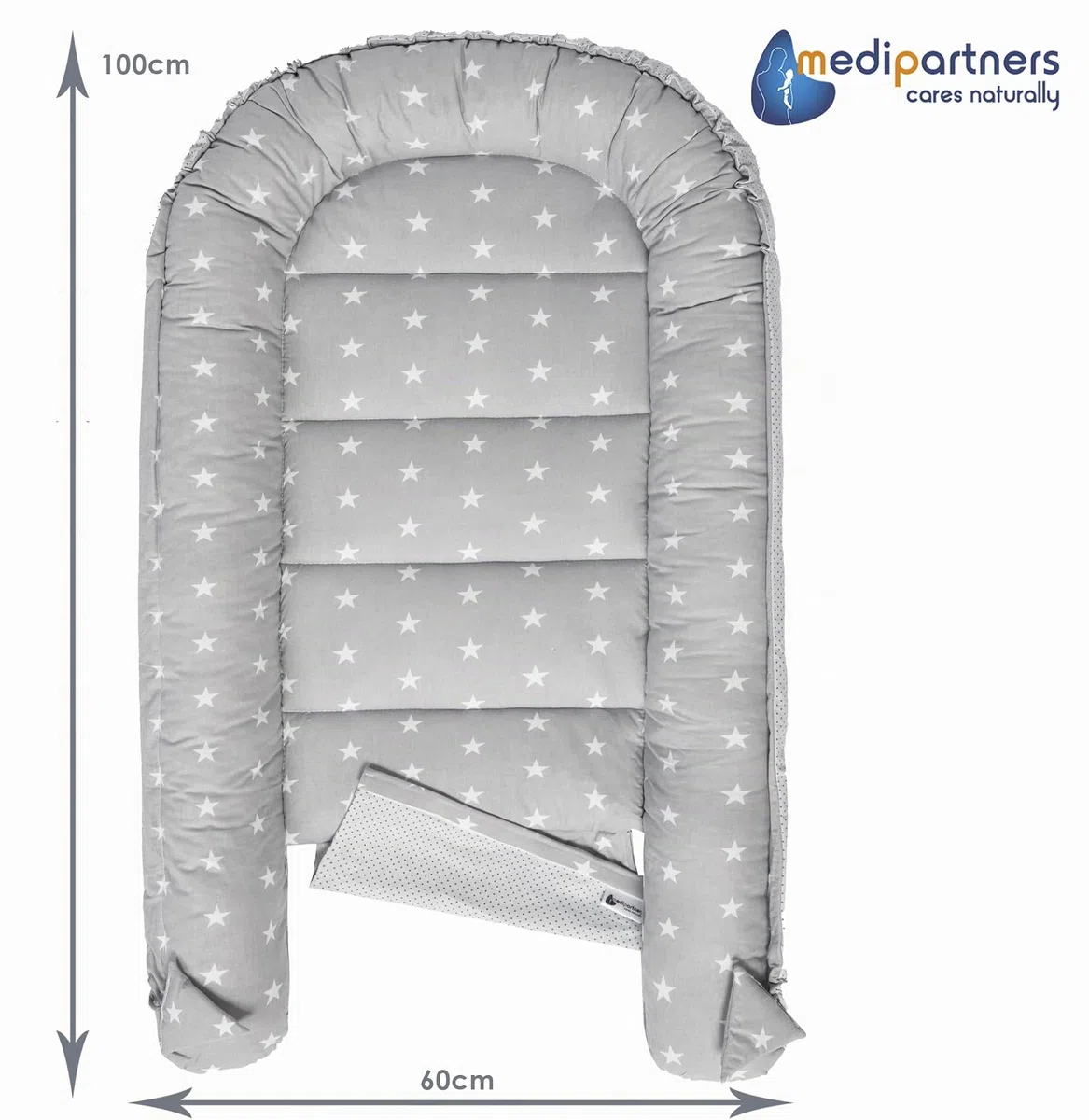 Medi Partners Juego de Cuna de 5 Piezas Incluye Nido para bebé de 100x60x15cm 100% algodón cojín Plano Manta para Gatear cojín de Mariposa (Estrellas con Gris)