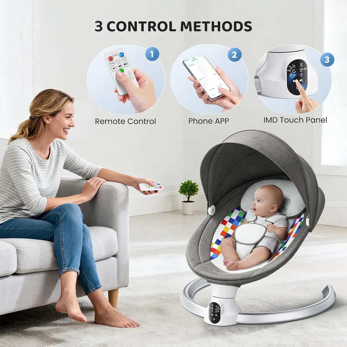 Hamaca para Bebé, Bluetooth Habilitado Eléctrica Silla Mecedora para 0-9 kg de Bebé Funcionamiento con App y Mando a Distancia Balancin para Bebes Arco Regulable, con Melodias