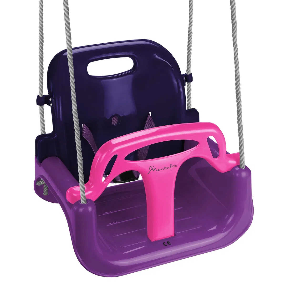 Montafox Columpio para niños bebés 3 en 1 Ajustable en Crecimiento con Respaldo arnés con Correa, Color:Lila