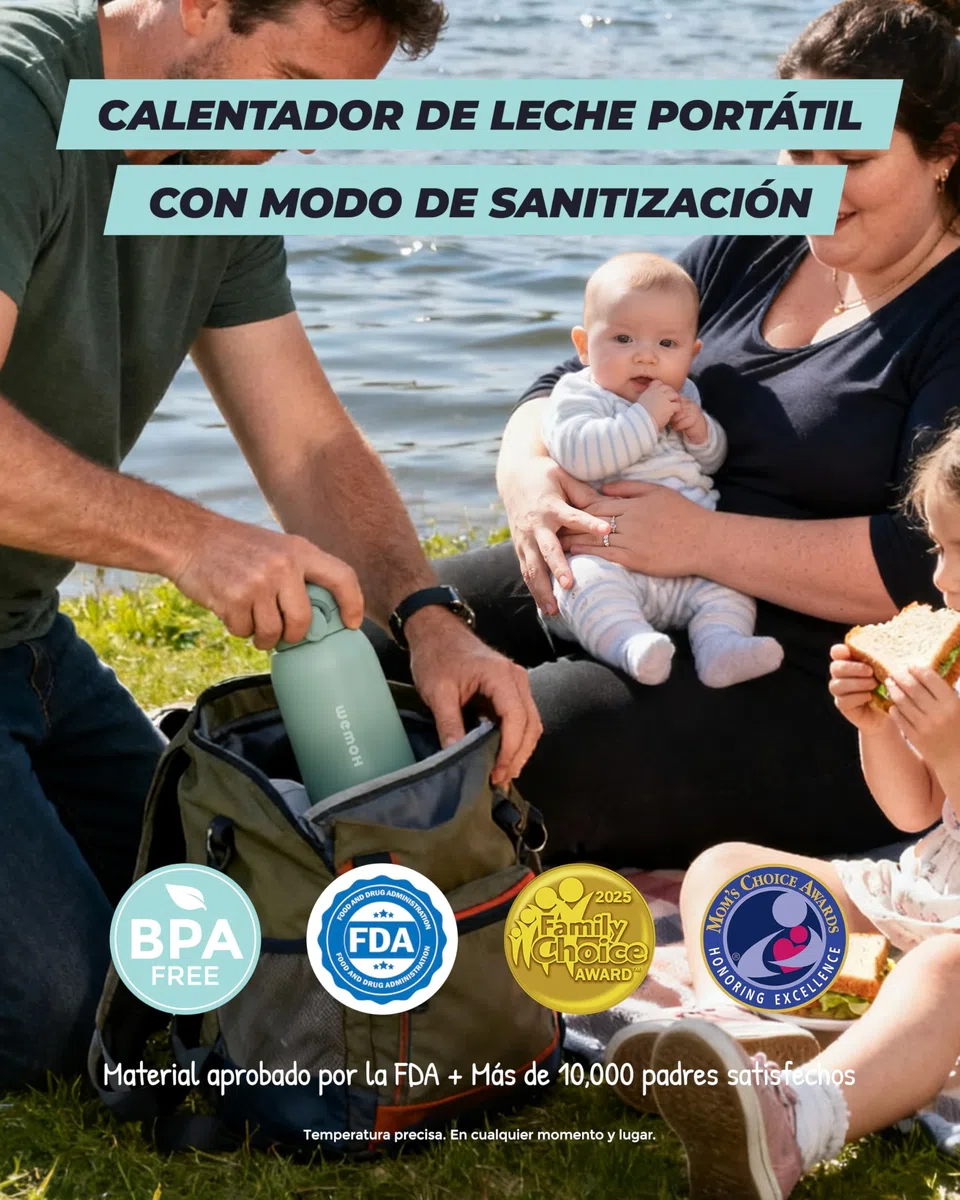 Calientabiberones Portátil: Autolimpieza, control temperatura, 8 tomas/carga, 450ml, 100W para leche materna, fórmula y agua
