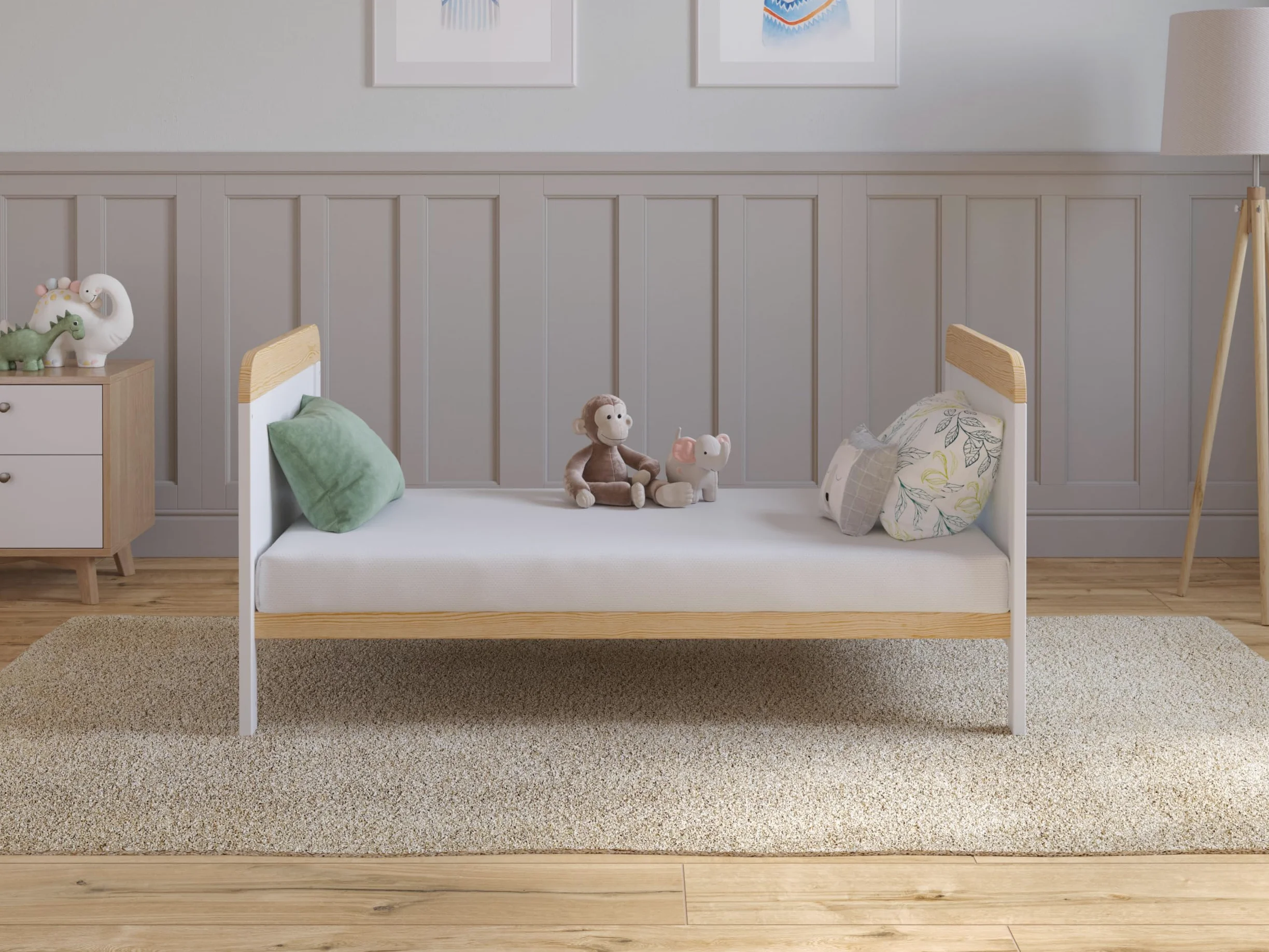 Love For Sleep Cuna Convertible en Cama 120x60 cm - Incluye Colchón - Madera Blanco-Pino, Juego Completo para Bebé - Cama Evolutiva 2 en 1