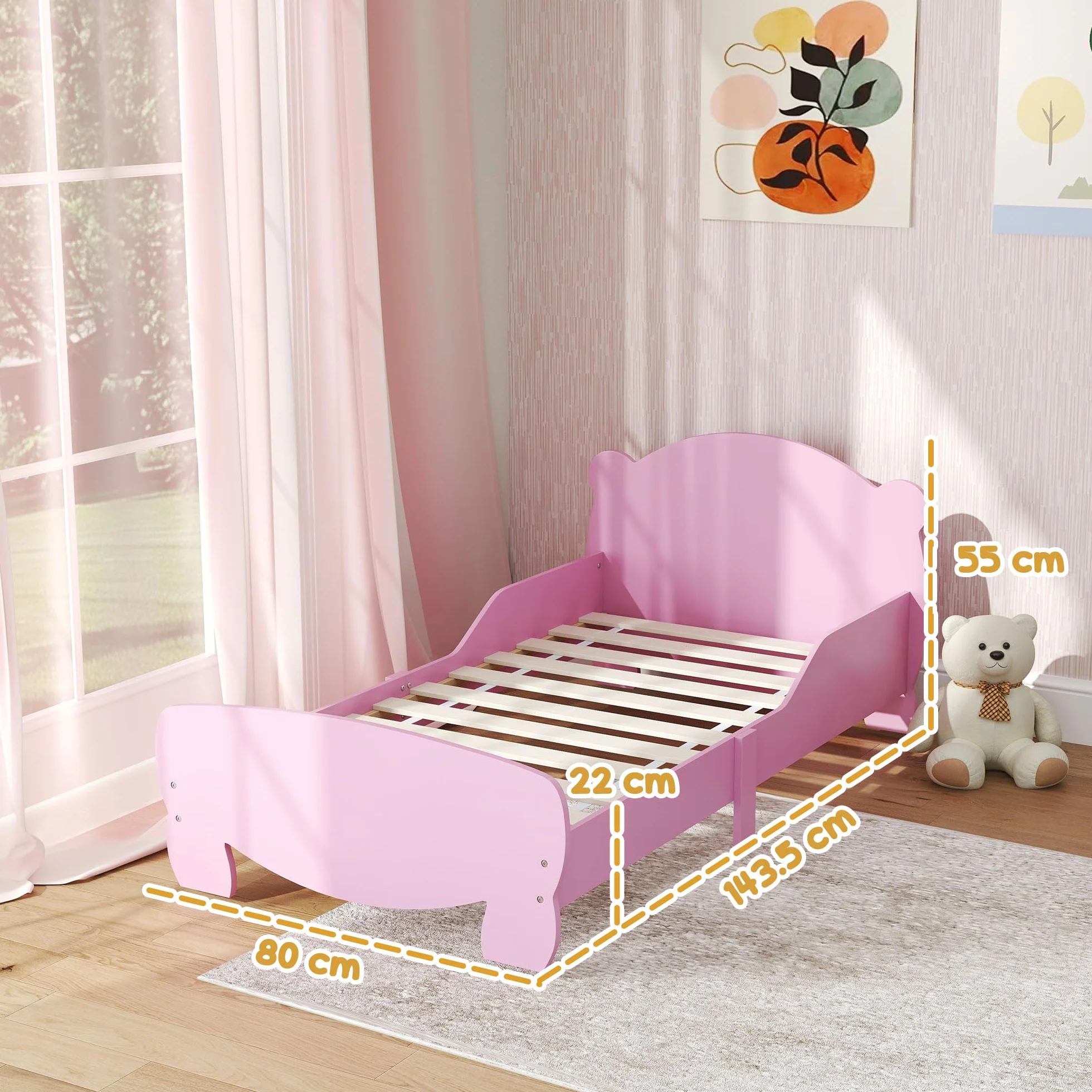 AIYAPLAY Cama Infantil Montessori para Niños de 3 a 6 Años, Cama Infantil Individual de 140x70 cm con Laterales Anticaída y Somier de Láminas de Madera en Forma de Oso para Habitación Infantil, Rosa