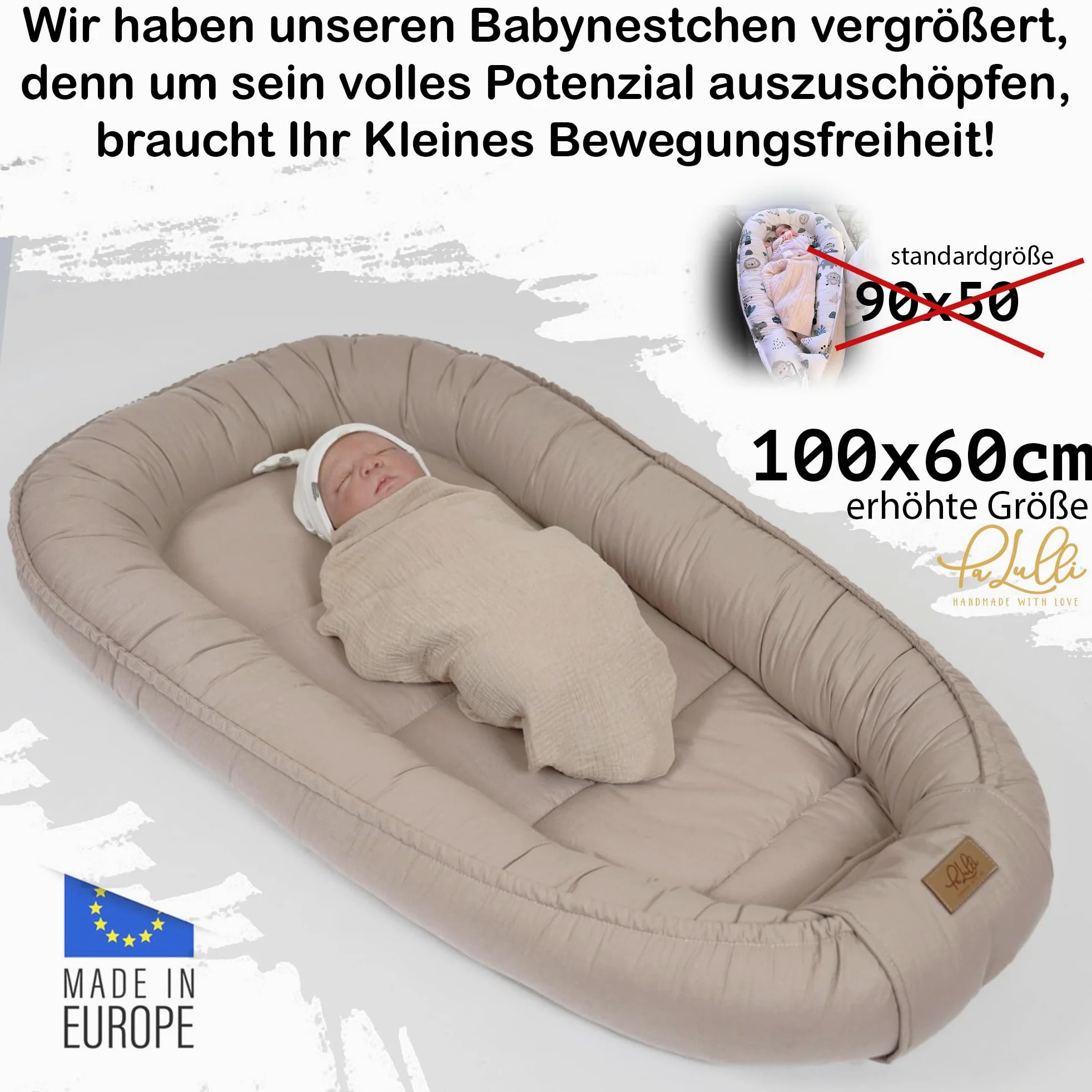PaLulli® Nido de bebé extragrande, 100 x 60 cm, algodón, reversible, reversible, hecho a mano, transpirable y seguro (marrón)